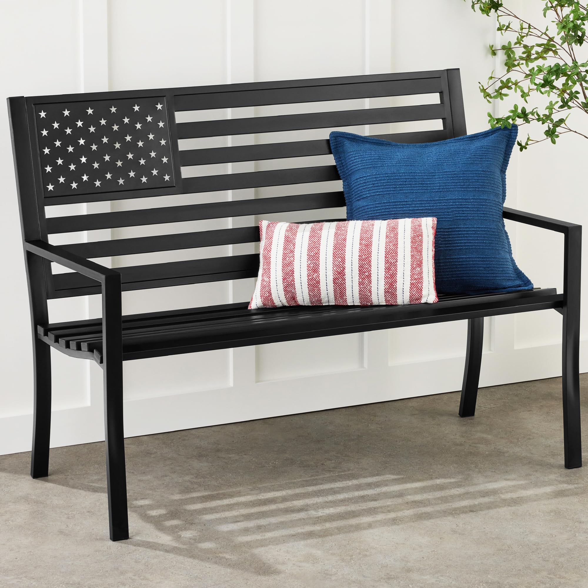 2-Person Steel Outdoor Bench with American Flag Design