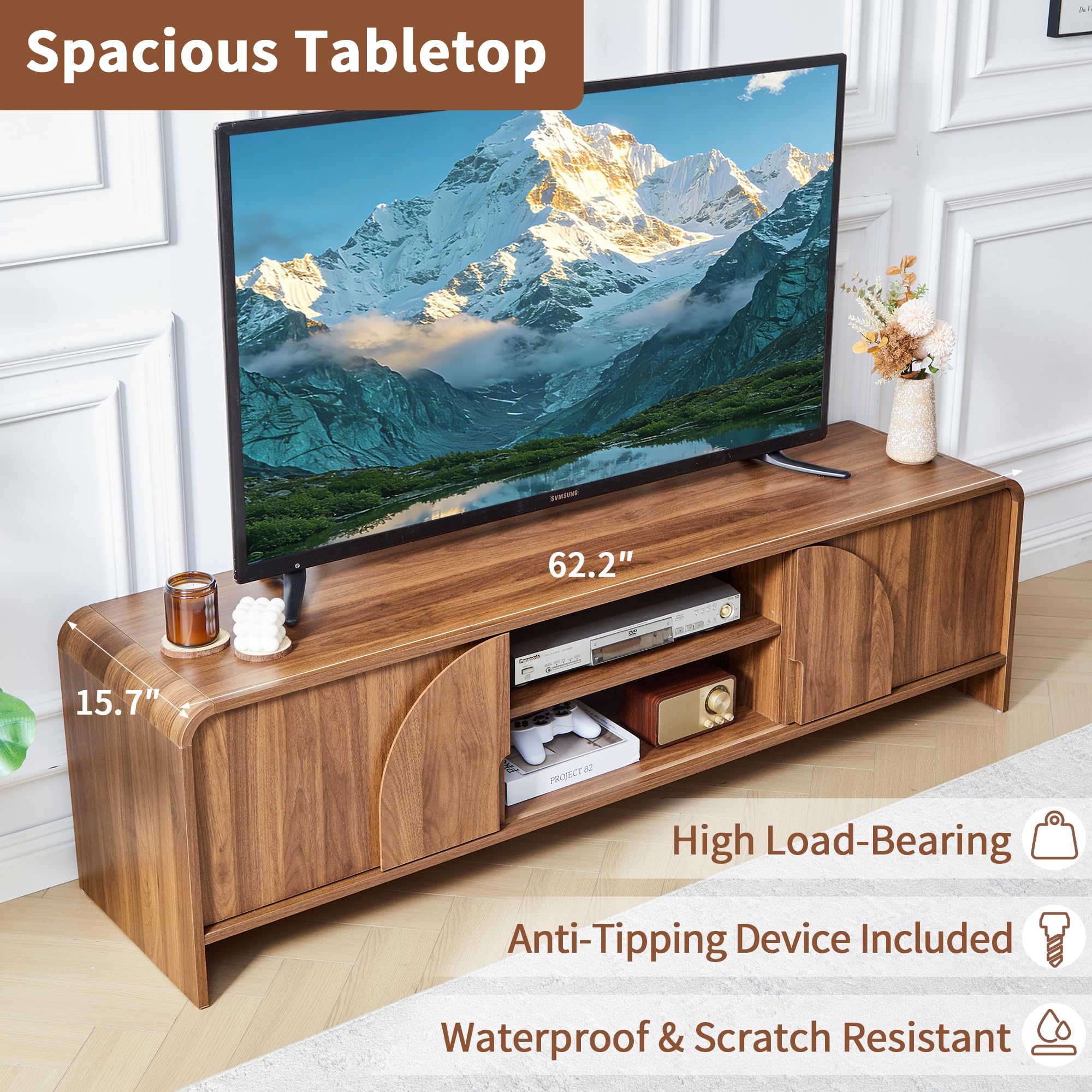 63-Inch TV Stand with Sliding Door and Arched Handles
