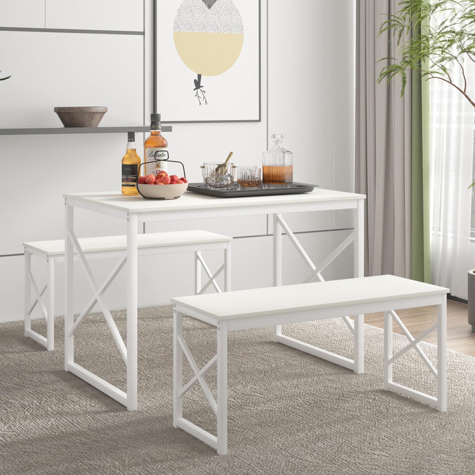 Dining Table Set with 2 Benches for 4