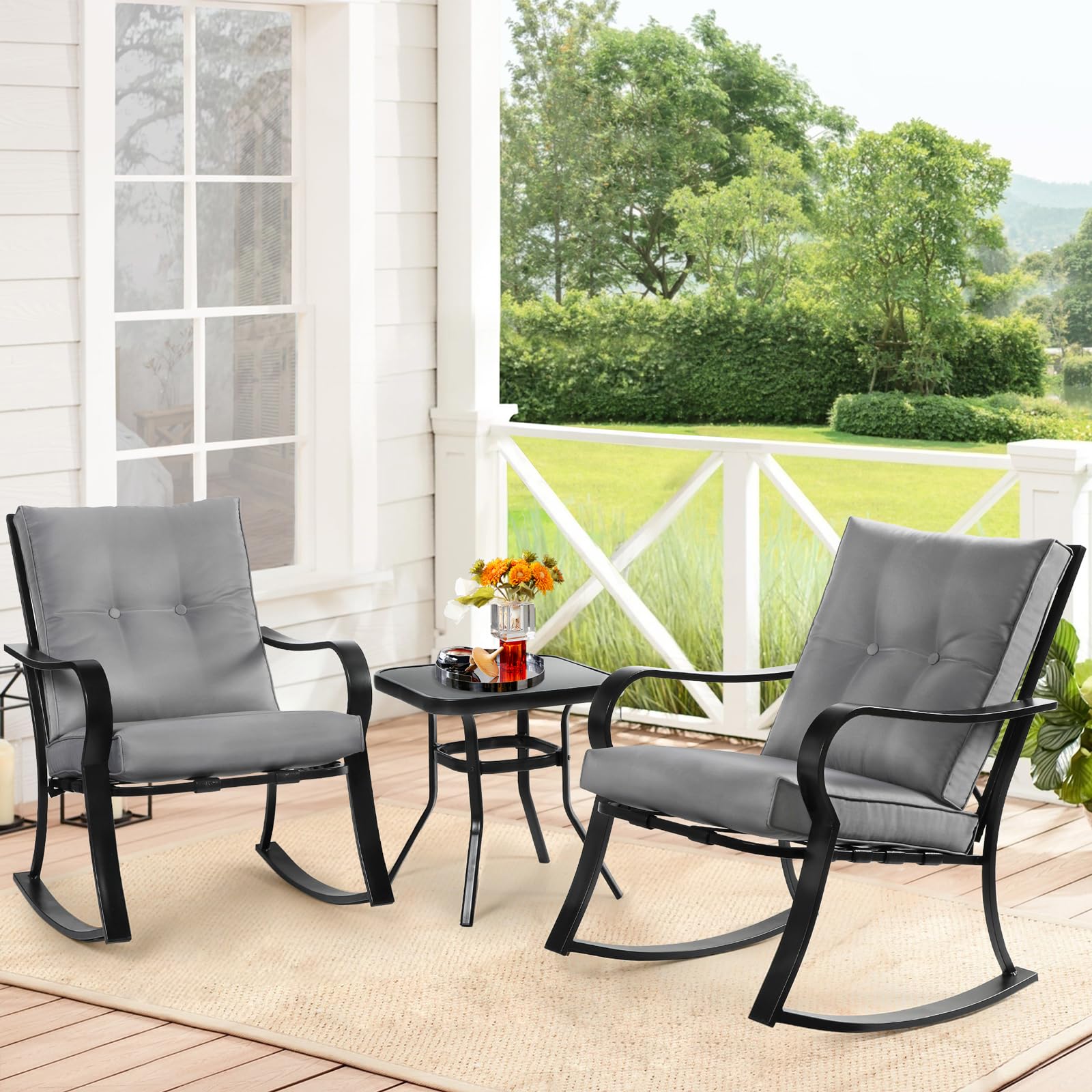 3-Piece Outdoor Rocking Bistro Set with Cushions