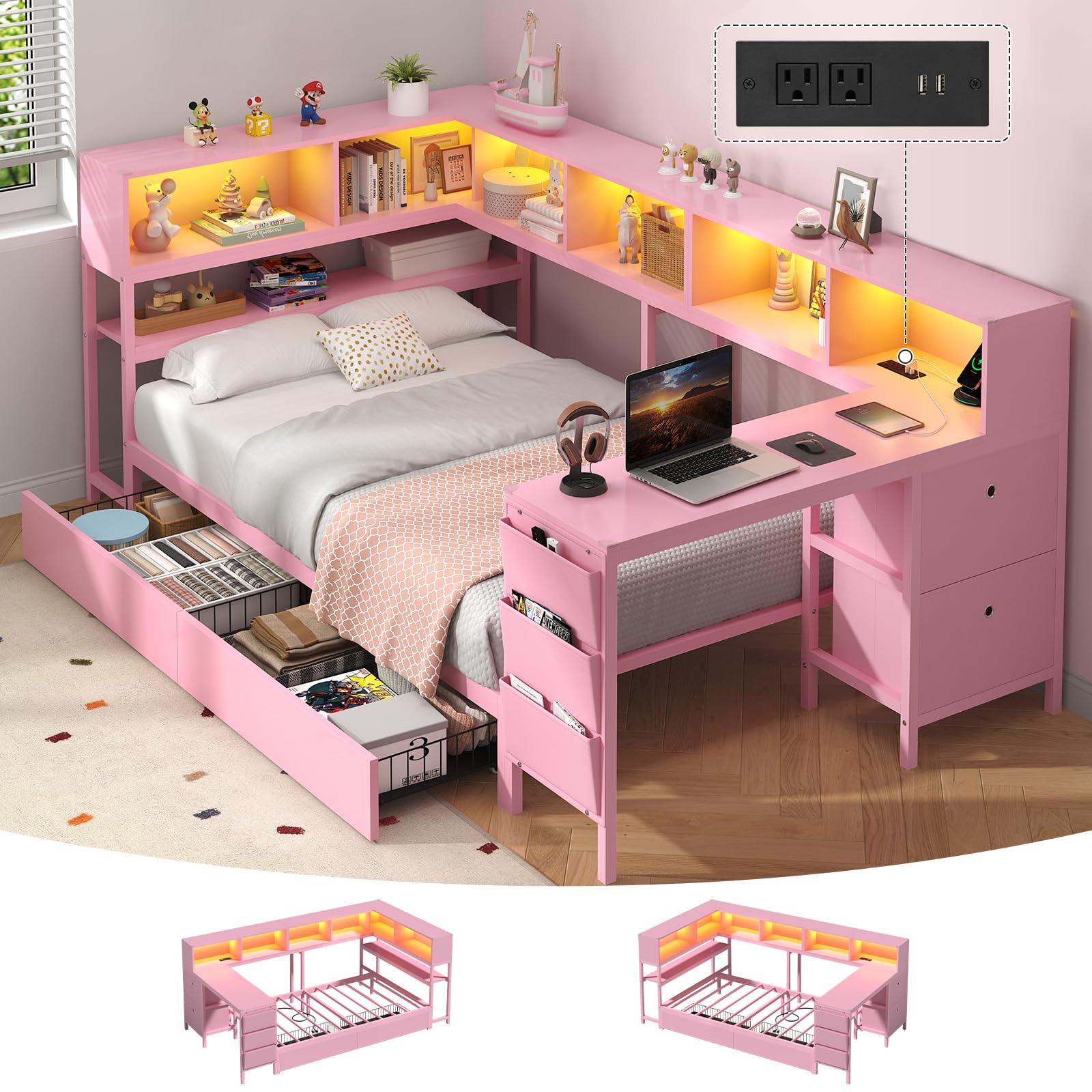 Twin Corner Bed with Desk and Storage Bookcase