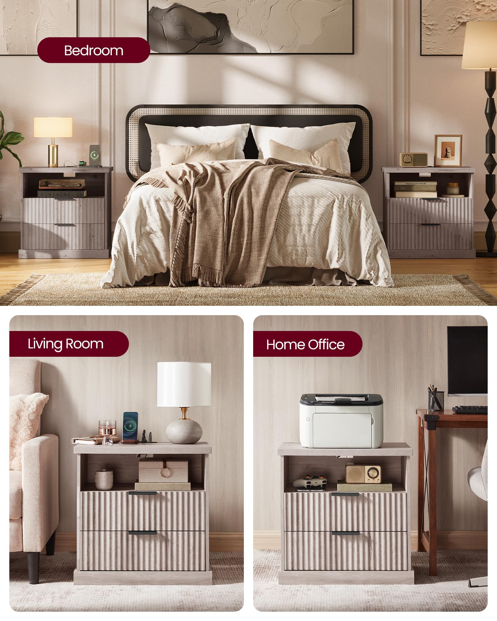 Nightstands with Charging Station Set of 2