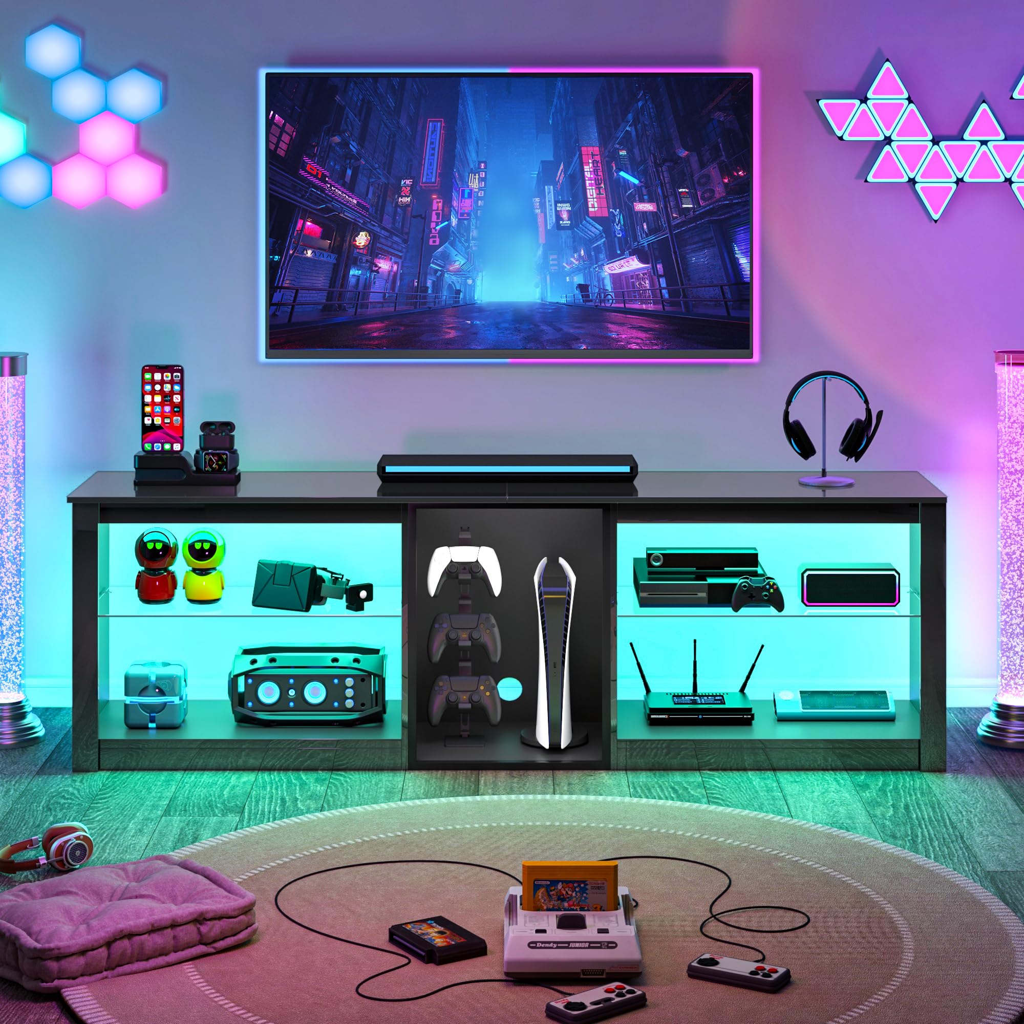 63 Inch LED TV Stand with Glass Shelves