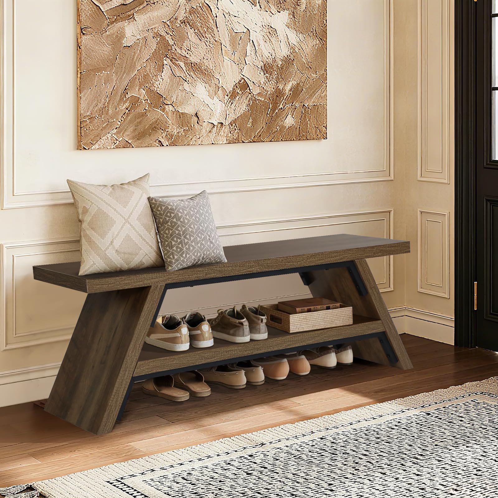 2-Tier Solid Wood Shoe Storage Bench for Entryway
