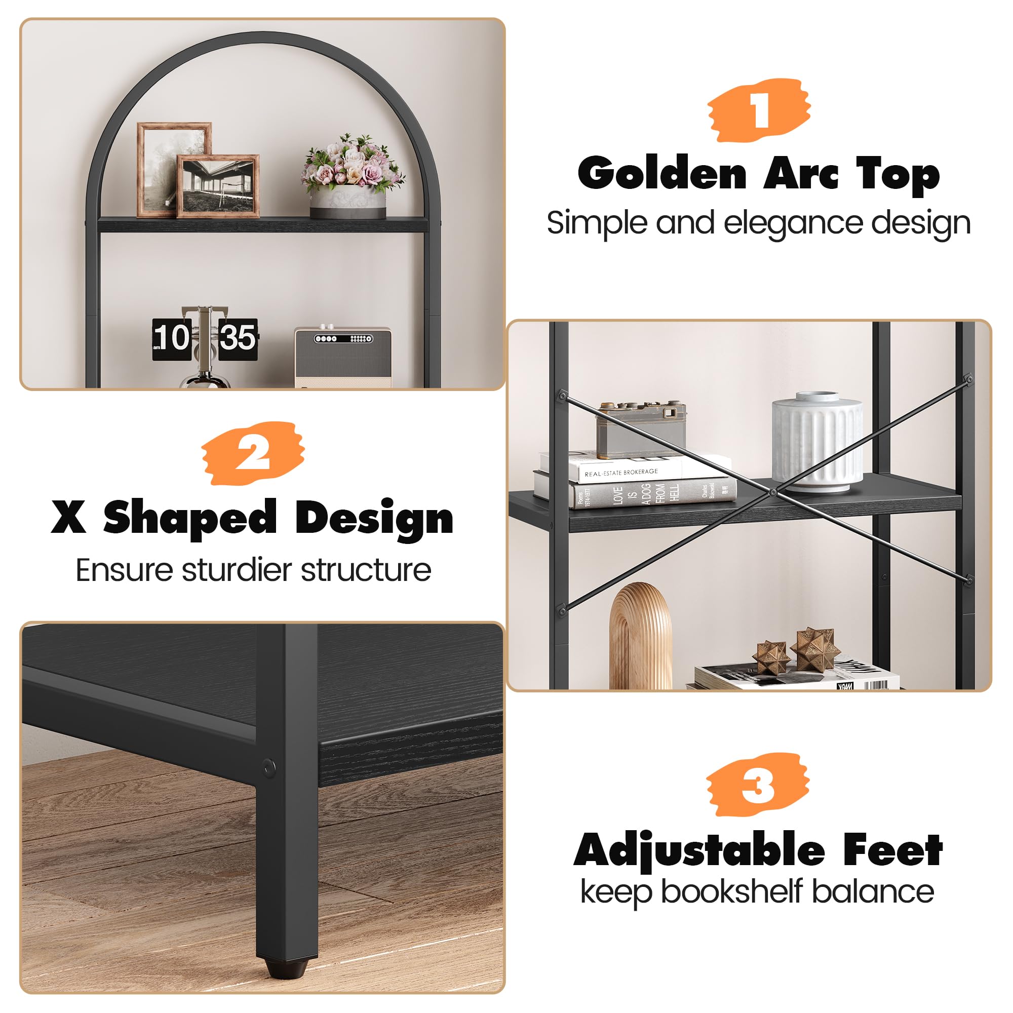 71" Arched Bookshelf 5-Tier Metal Frame