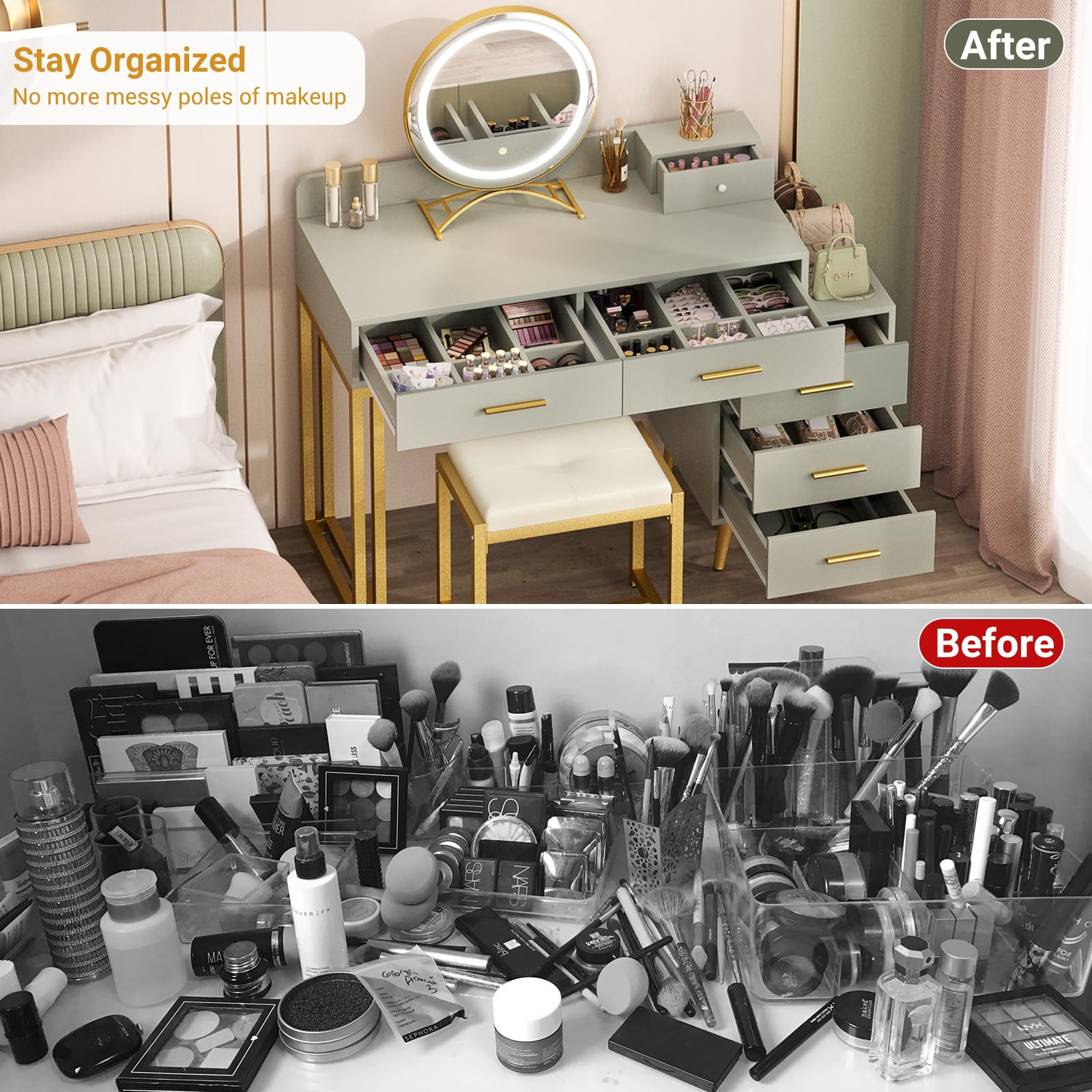 Vanity Desk with Mirror and Lights
