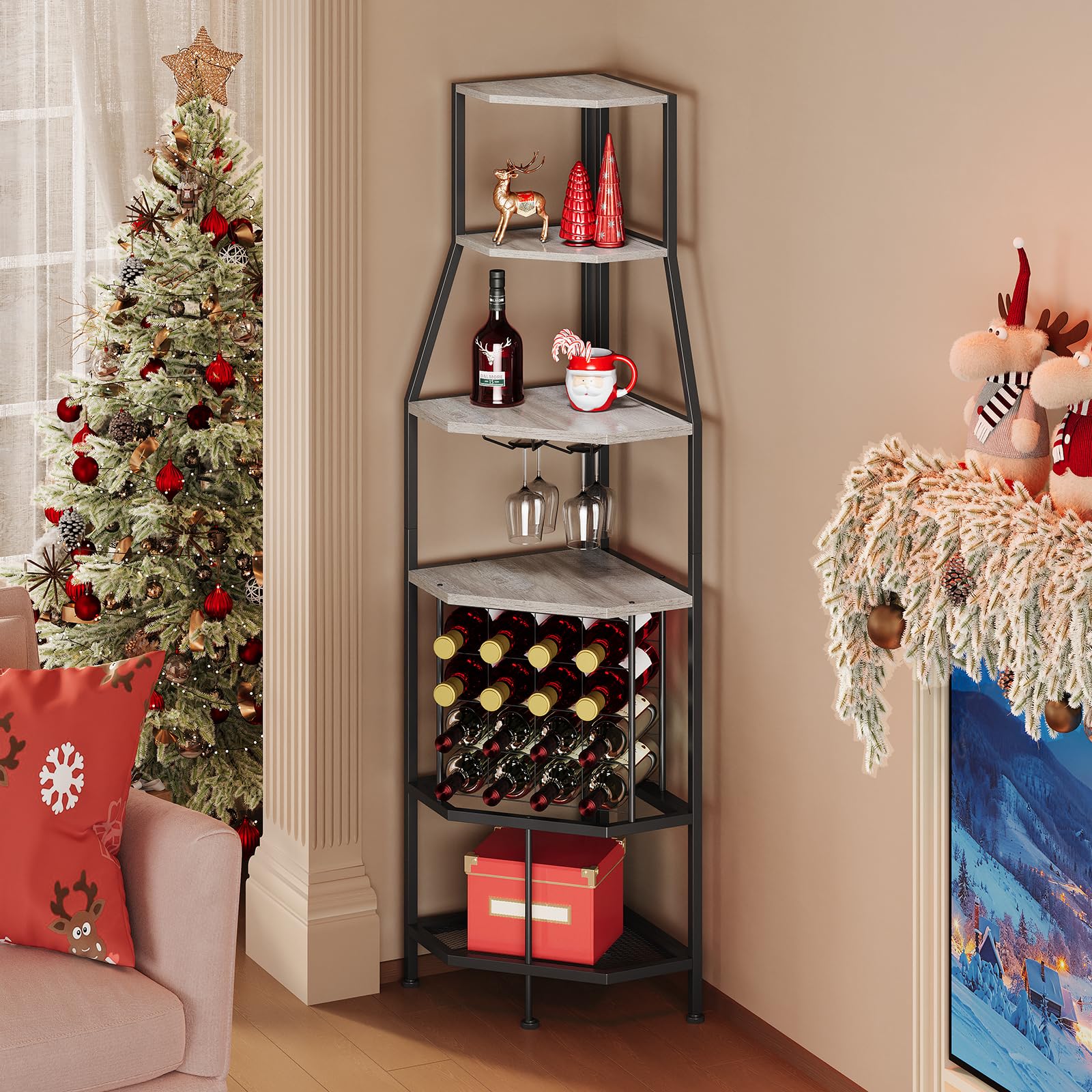 5-Tier Corner Wine Rack with Glass Holder