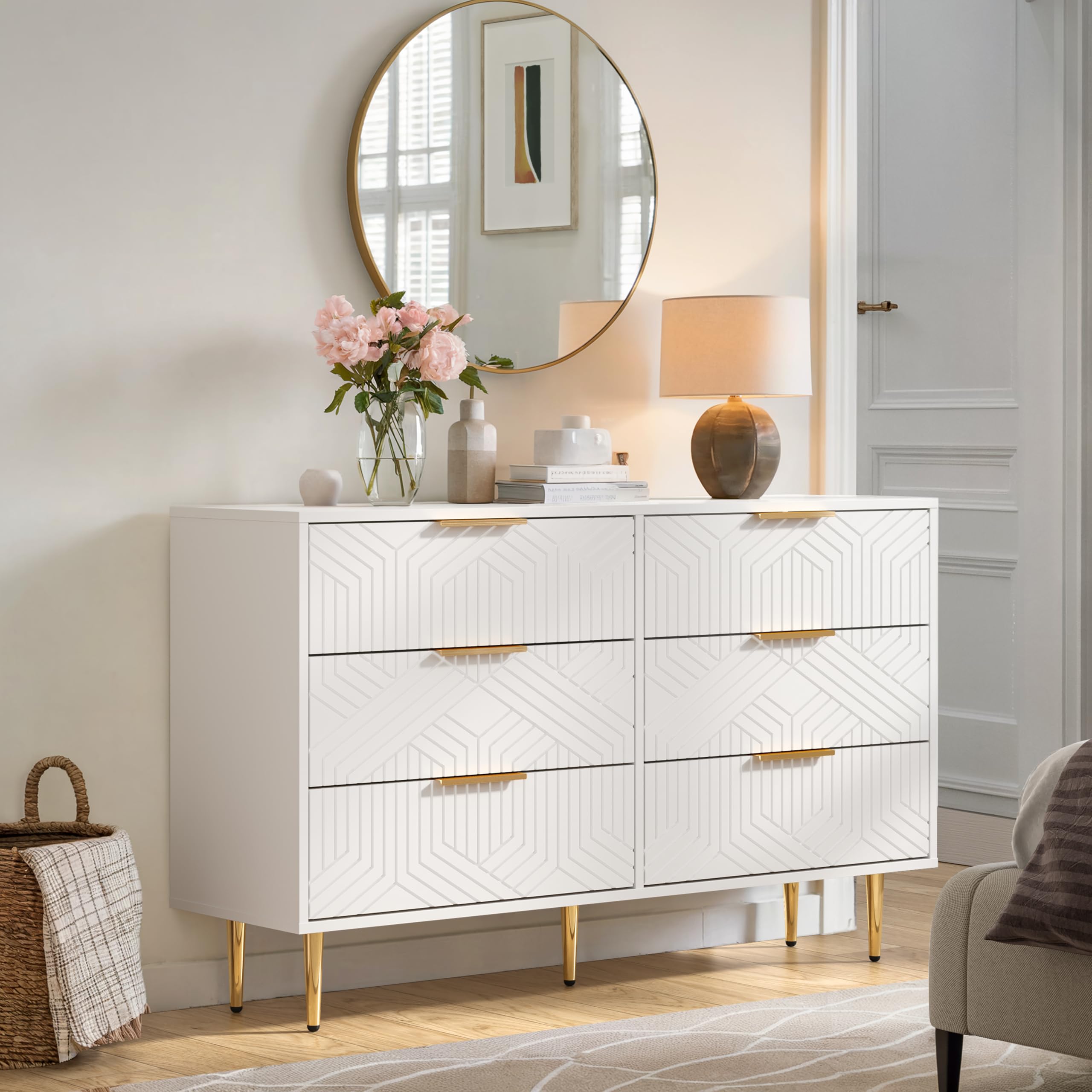 6 Drawer White and Gold Dresser