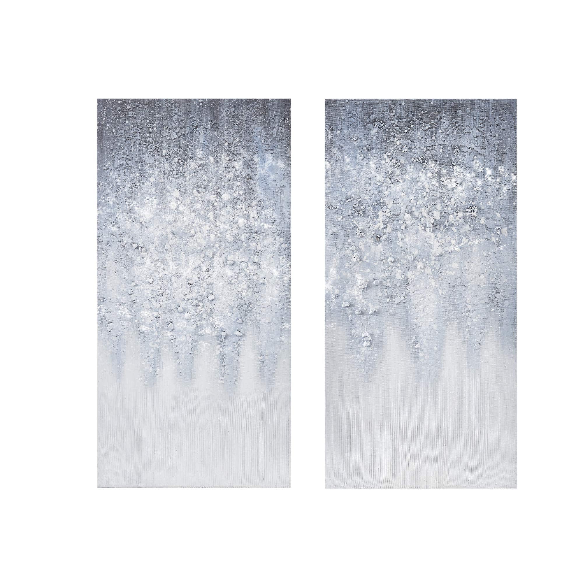 Abstract Canvas Wall Art 2 Piece Set - Winter Glaze Blue White Textured Glitter