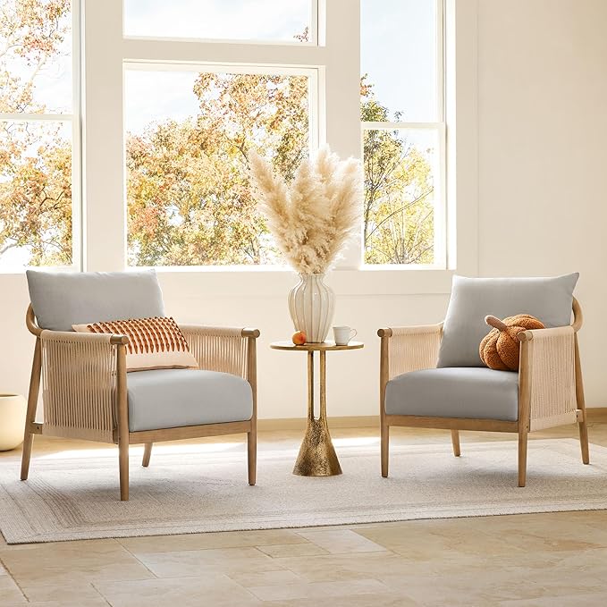 Braid Accent Chair Set of 2 with Wooden Armrest