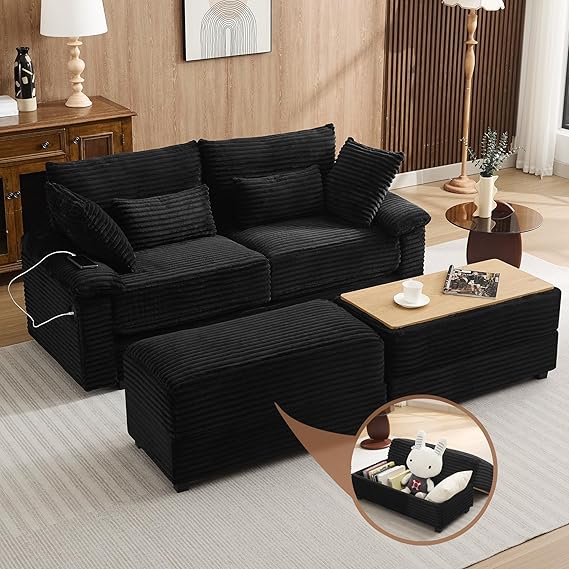 Corduroy Loveseat with Storage Ottoman and USB