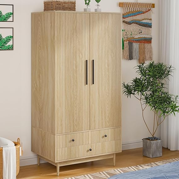 Armoire Wardrobe Closet with 2 Fluted Doors and 3 Drawers