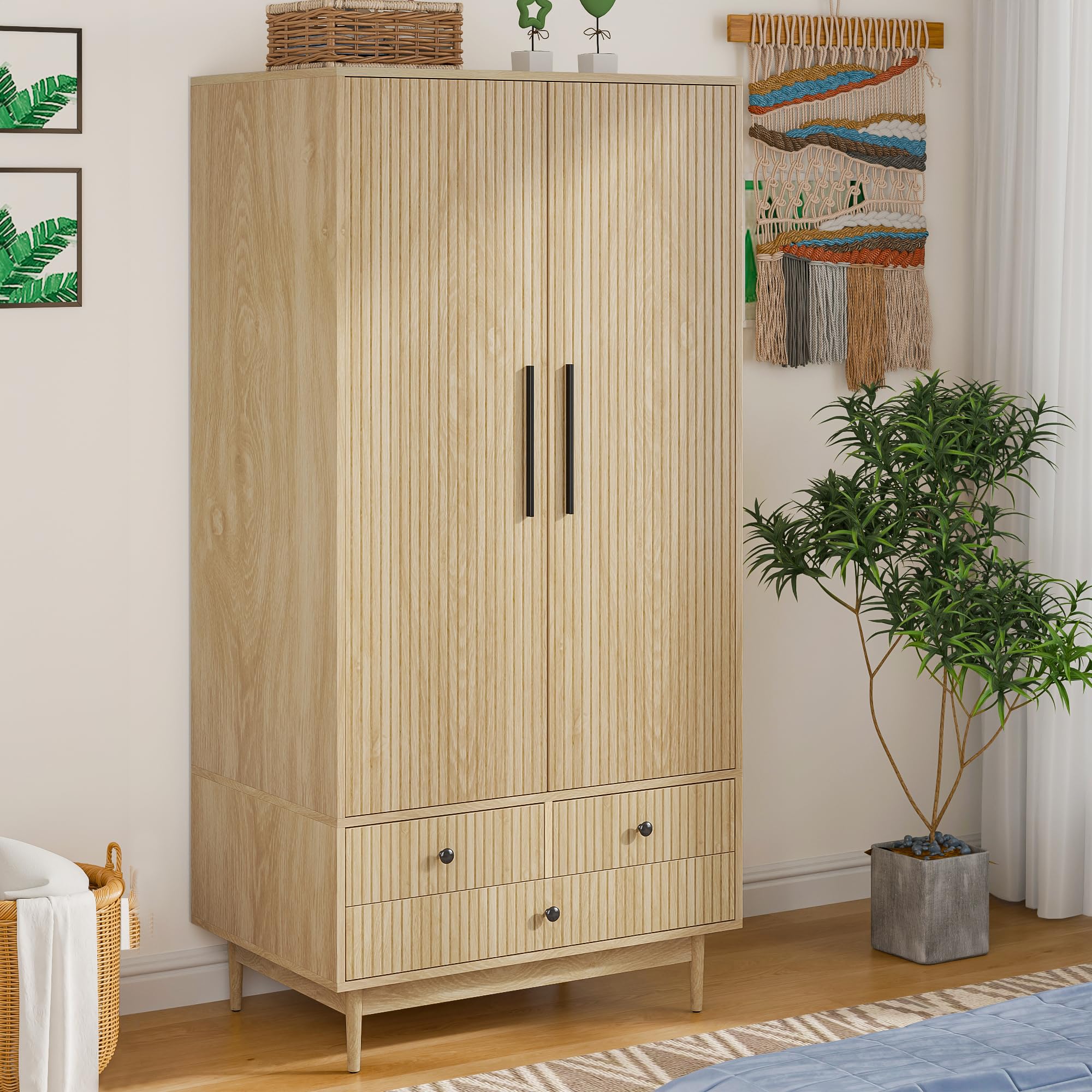 Armoire Wardrobe Closet with 2 Fluted Doors and 3 Drawers