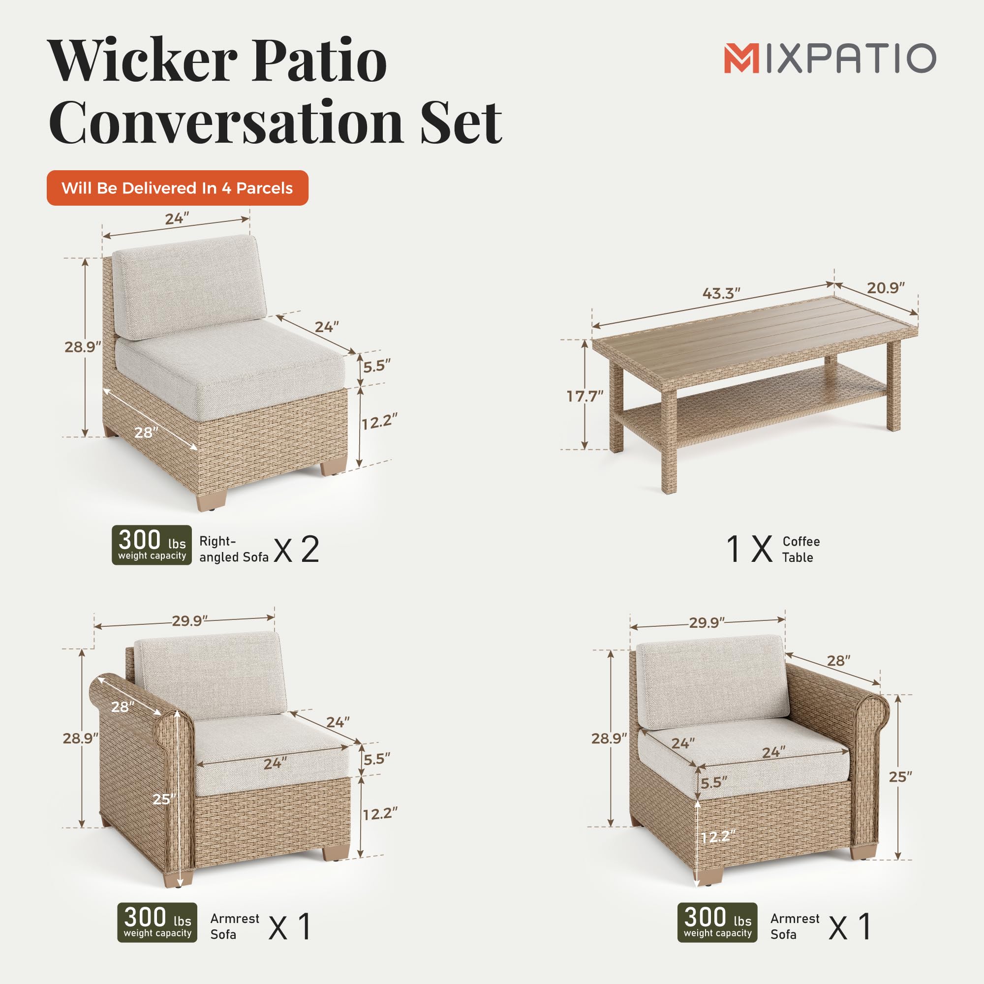 5 Piece Outdoor Rattan Wicker Sectional Sofa Set with Coffee Table