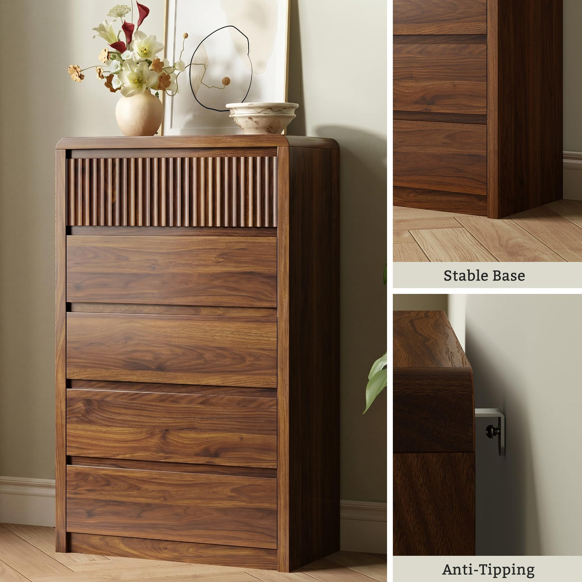 5-Drawer Tall Fluted Dresser with Curved Edges – Walnut Bedroom Chest of Drawers, 48"