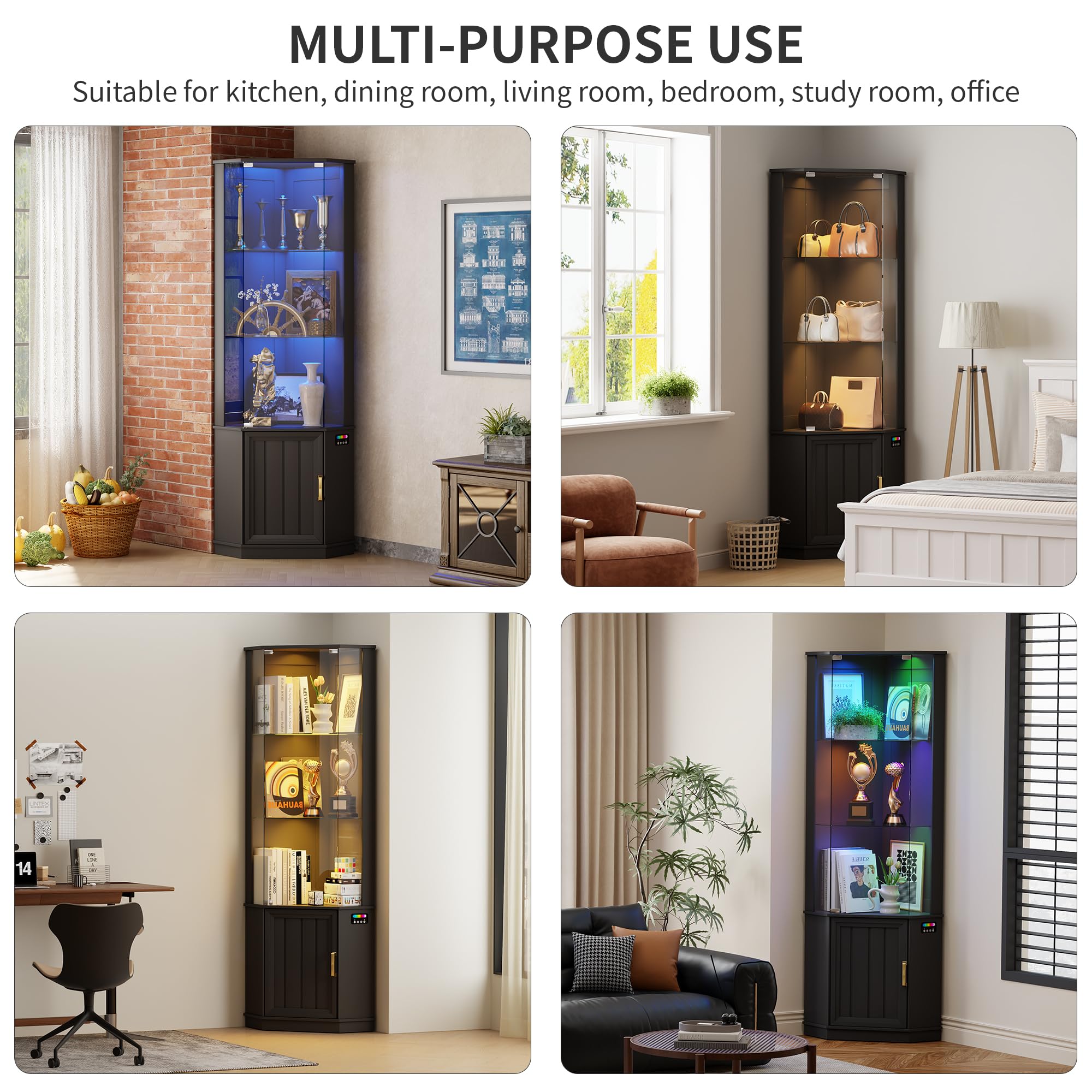 69" Tall Curio Display Cabinet with Glass Door and LED Lights