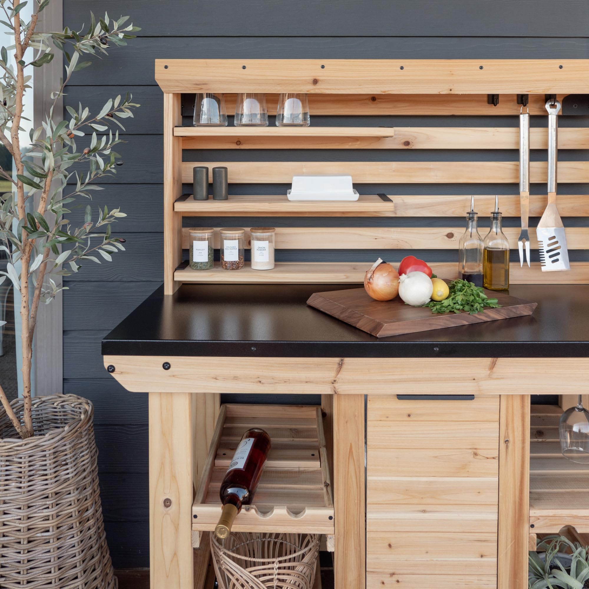 Cedar Wood Buffet Hutch Serving Station with Steel Countertop