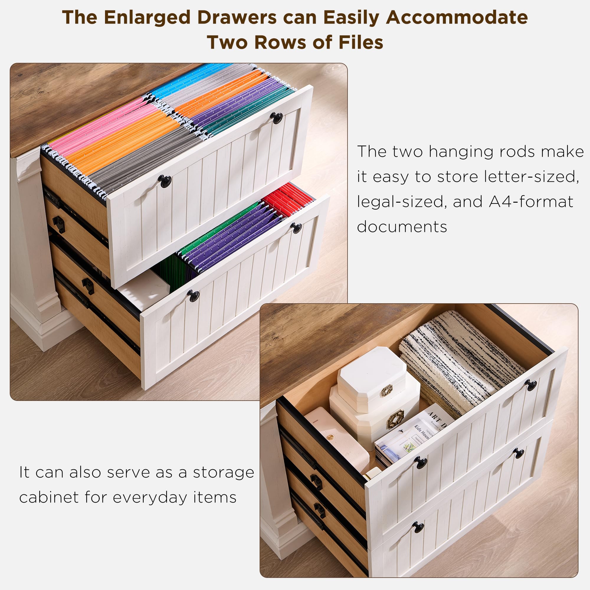 OKD Farmhouse File Cabinet with 2 Drawers, 35.3" Lateral Filing Cabinet with Hanging File Folders, Interlocking Drawers, Wood Rustic Storage Cabinet for Home Office, Living Room, Antique White