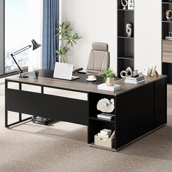71 Inch L-Shaped Executive Desk with Cabinet Storage