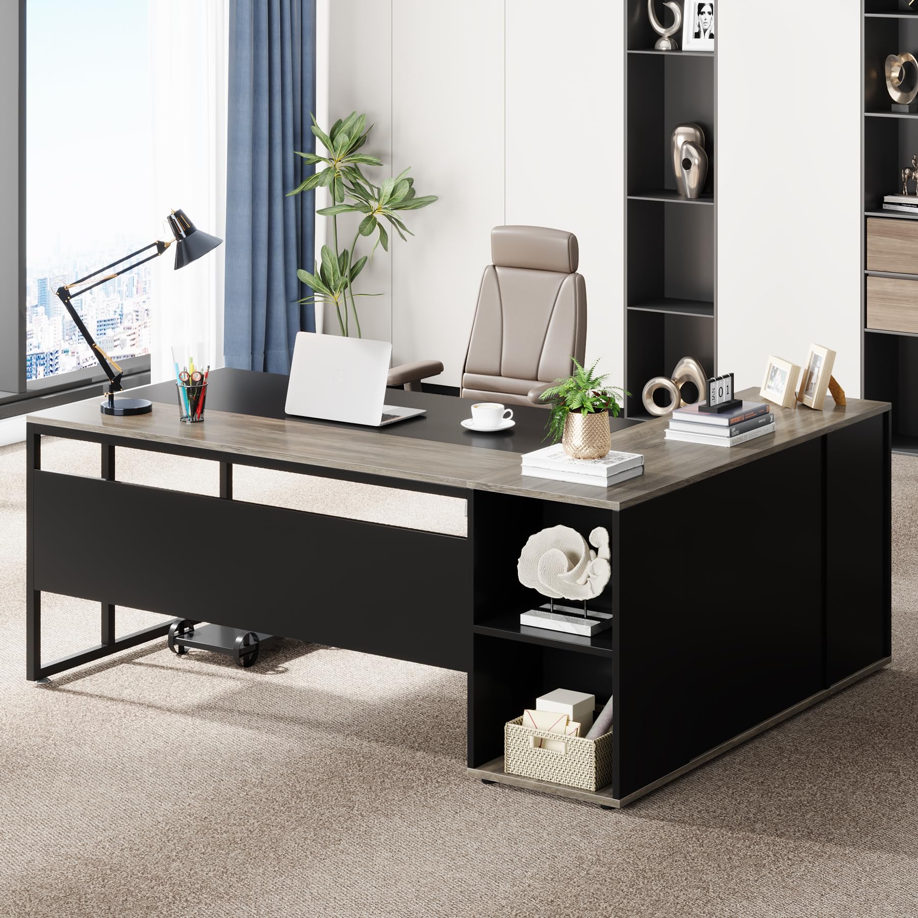 71 Inch L-Shaped Executive Desk with Cabinet Storage