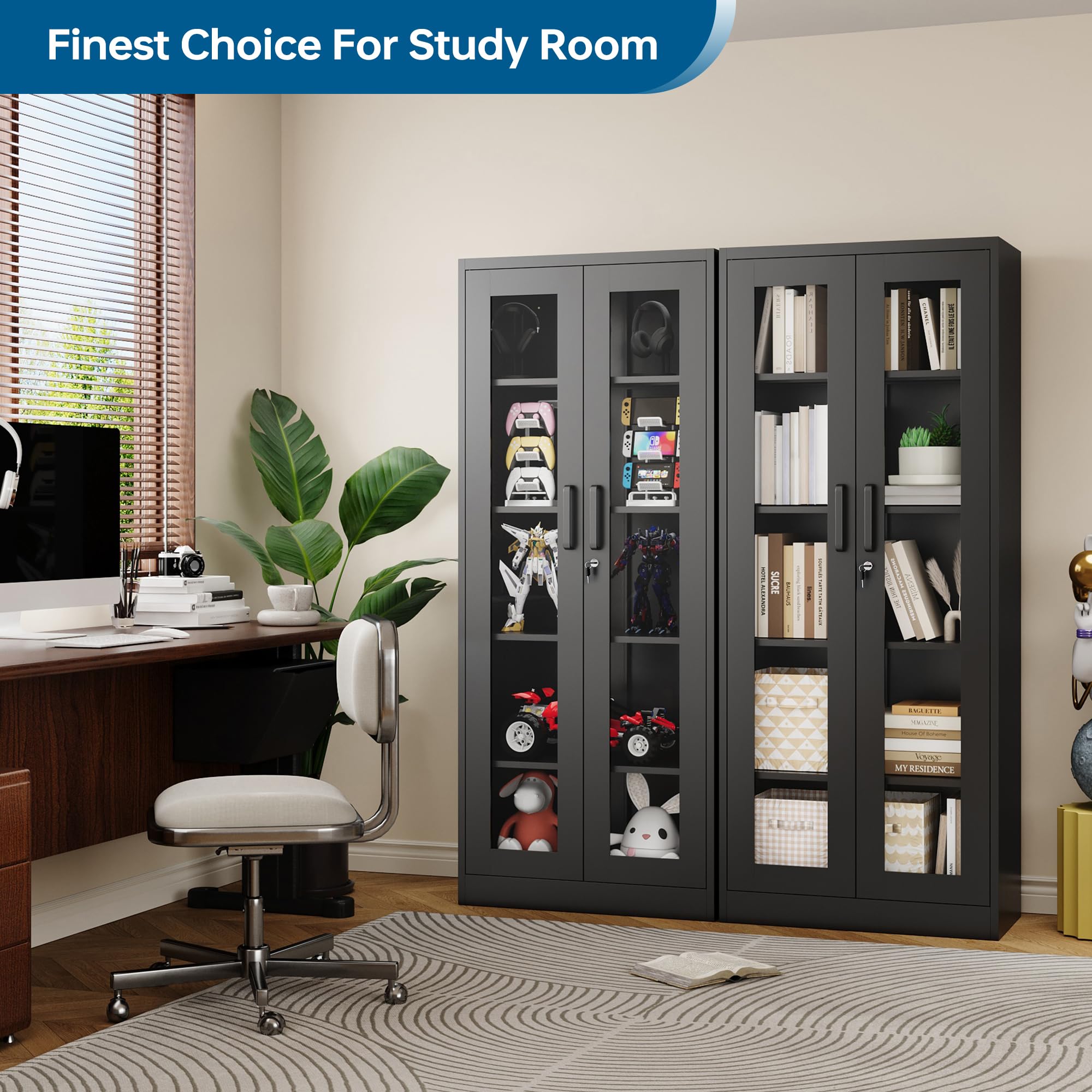 Display Cabinet with Glass Doors and Lockable Storage