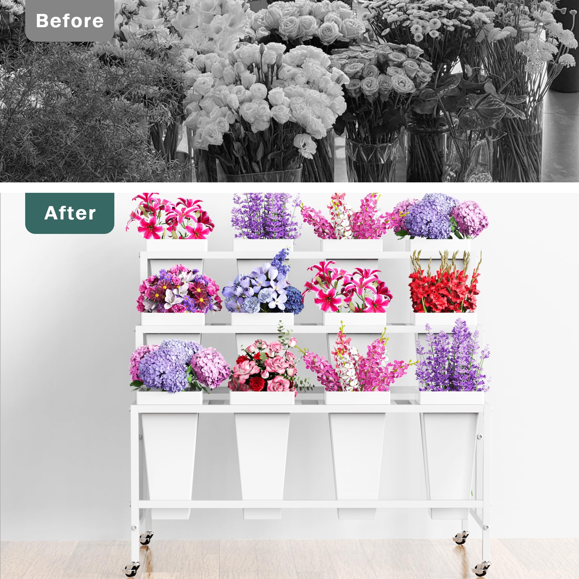 3-Tier Flower Display Stand with 12 Buckets and Wheels