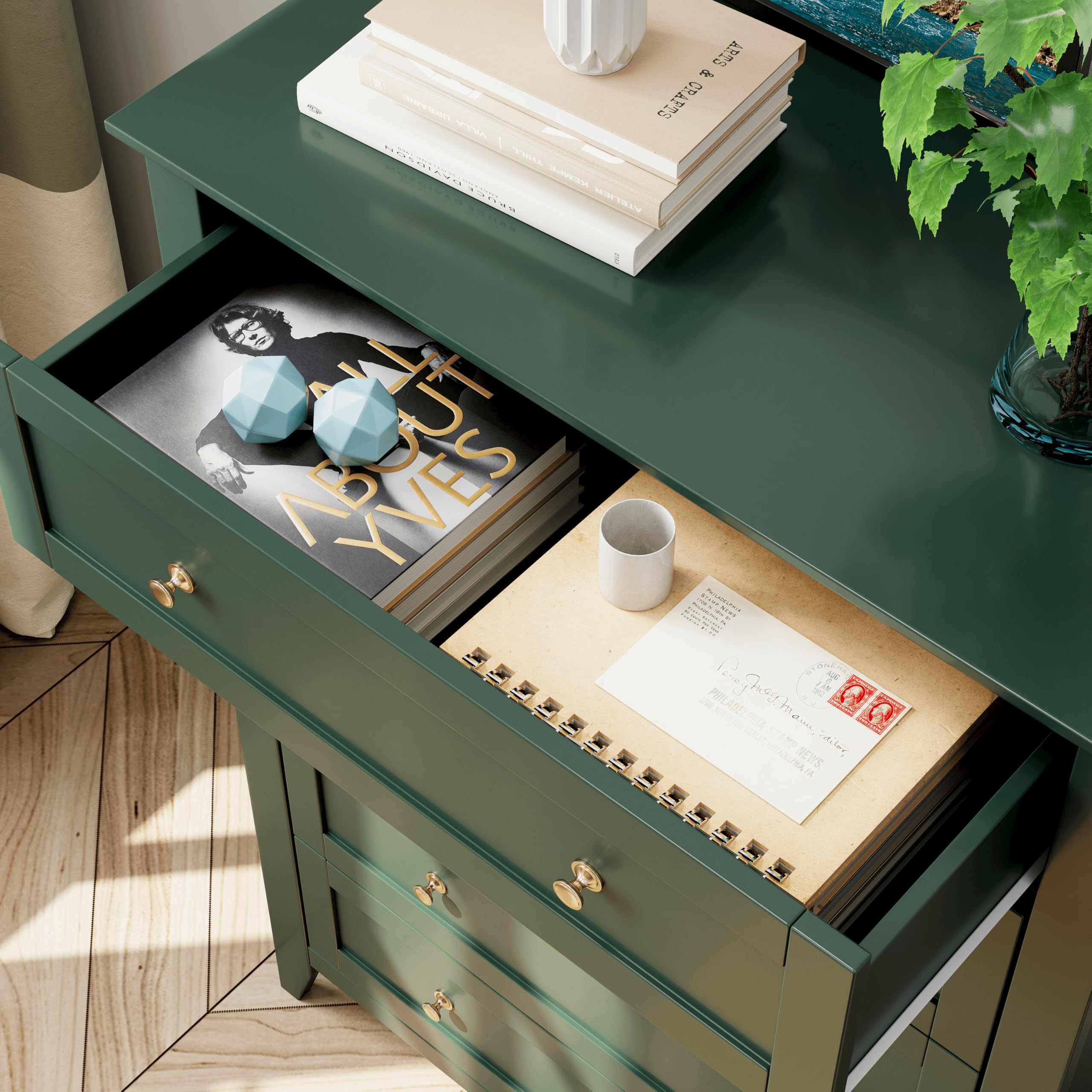 IDEALHOUSE Green 5 Drawer Dresser for Bedroom, Tall Dresser with Deep Drawers & Metal Knobs, Modern Wooden Chests of Drawers for Entryway, Hallway