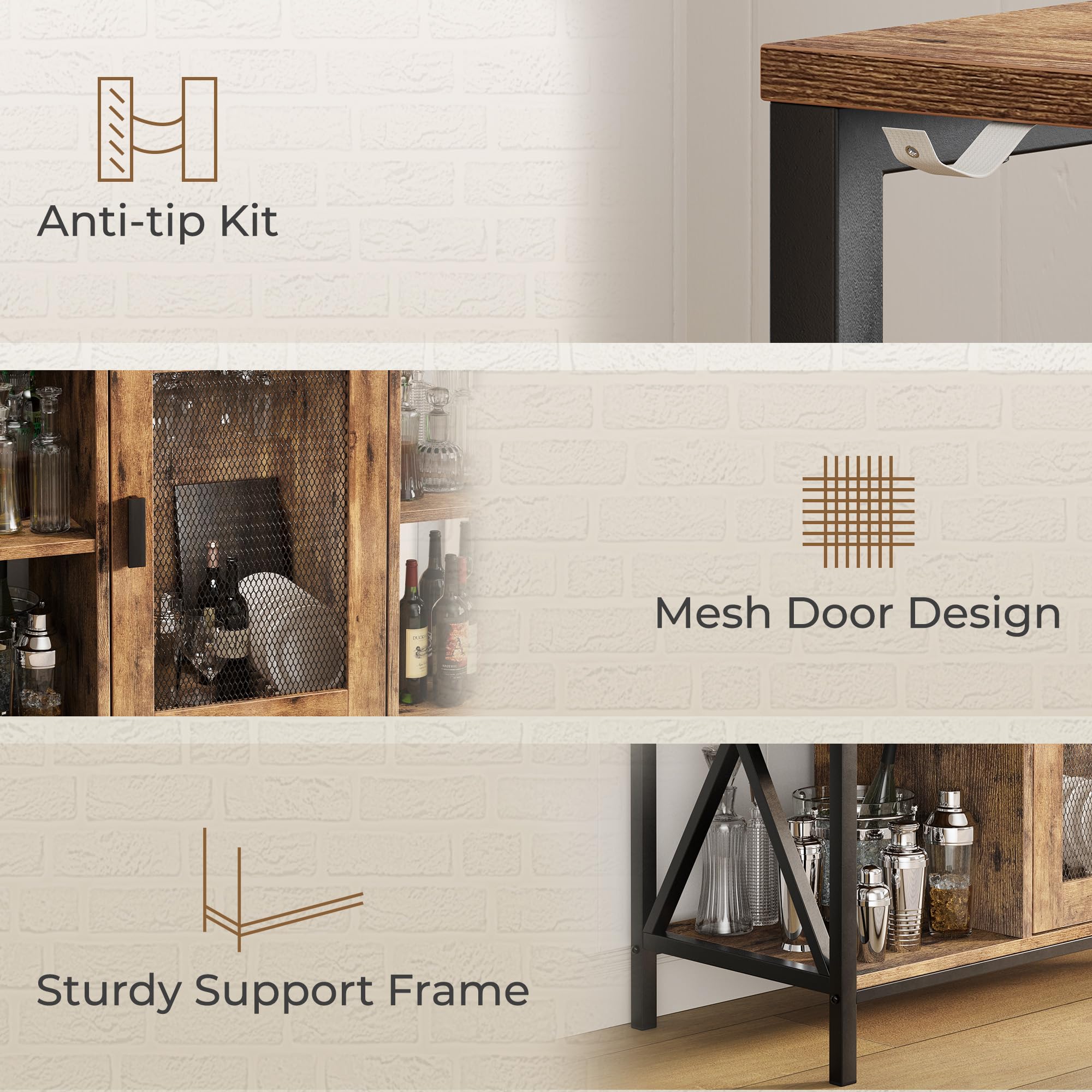 Industrial Wine Bar Cabinet with Wine Rack and Stemware Holder
