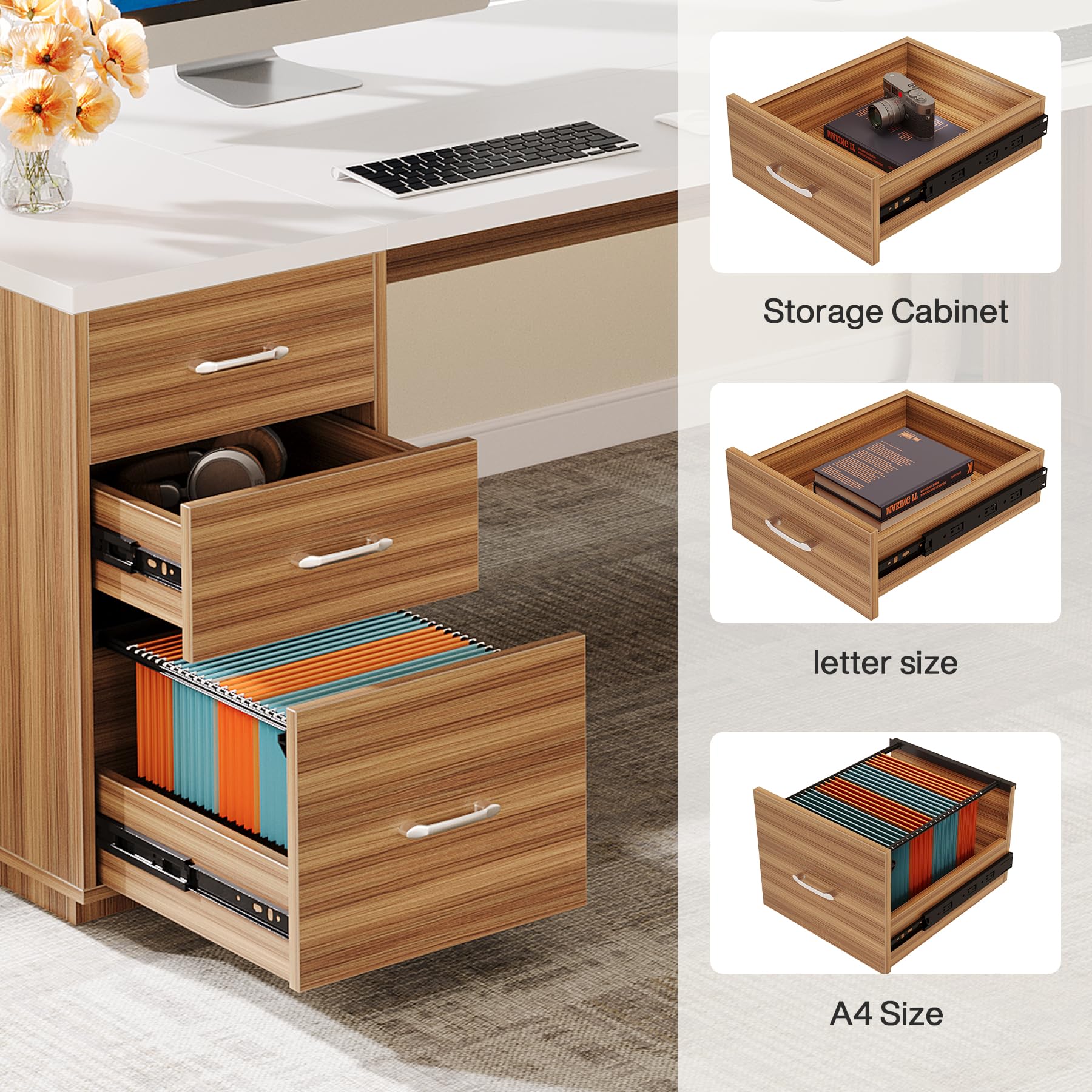 85.8-Inch L-Shaped Executive Desk with File Drawers and Cabinet