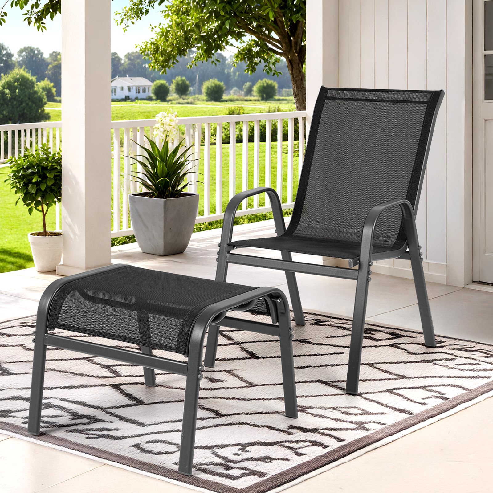 Outdoor Ottoman Footrest Set of 2 - Textilene Fabric with Metal Frame
