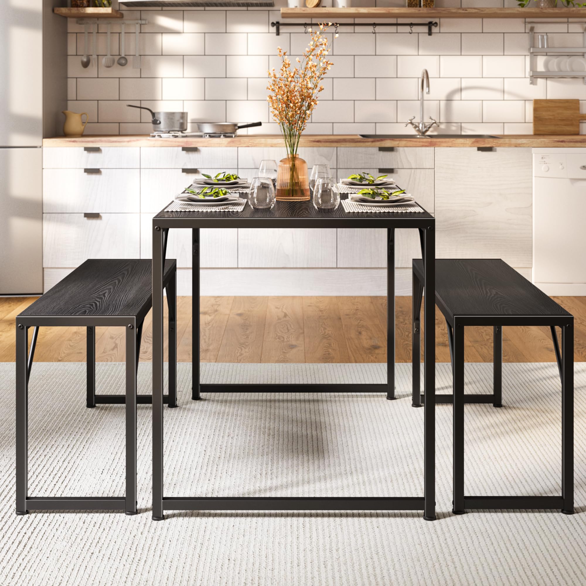 4-Piece Space-Saving Dining Table Set with Benches