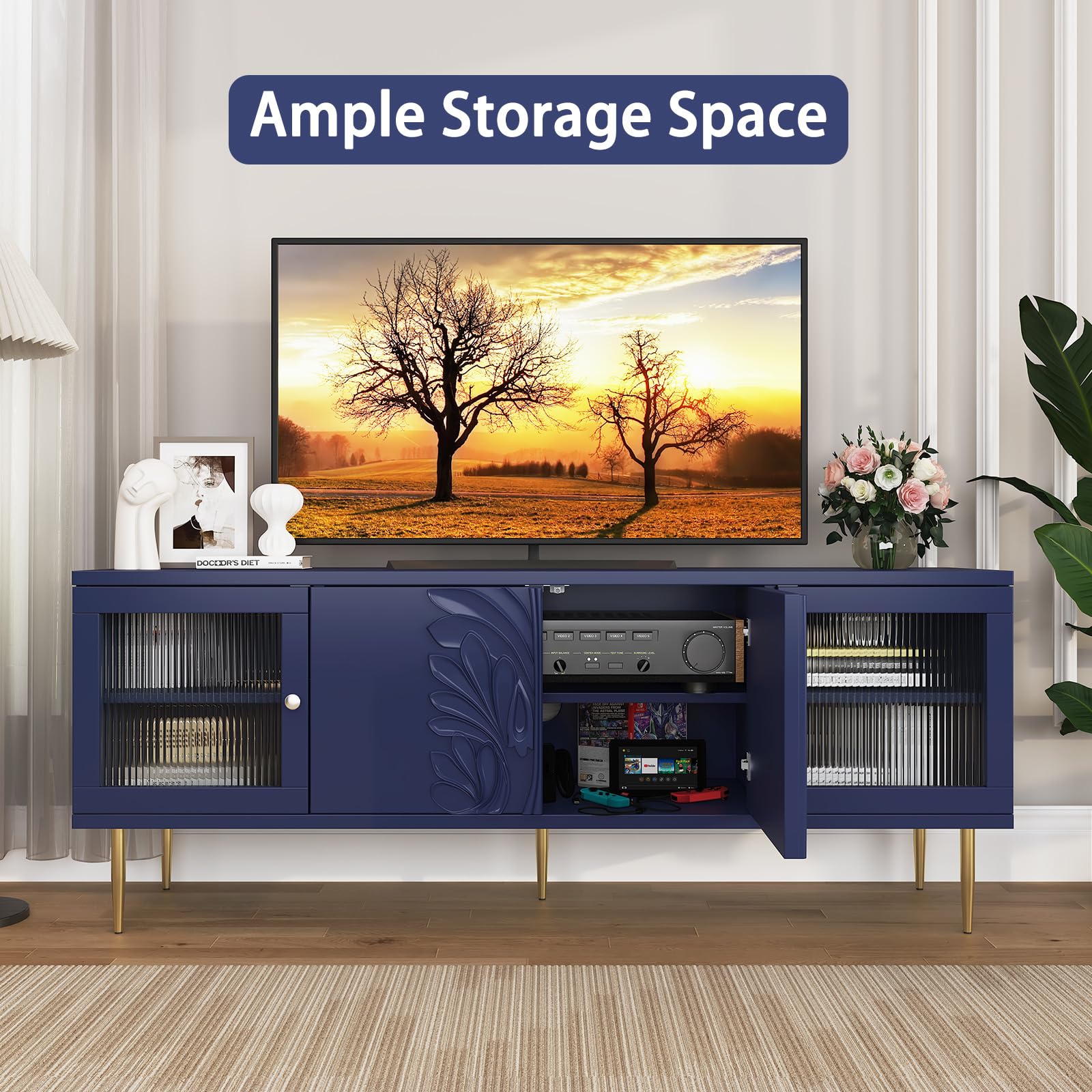 TV Stand with 3D Floral Pattern and Glass Doors