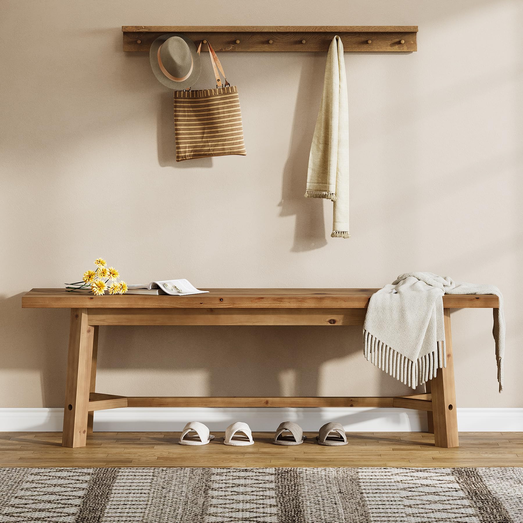 55" Solid Wood Farmhouse Bench