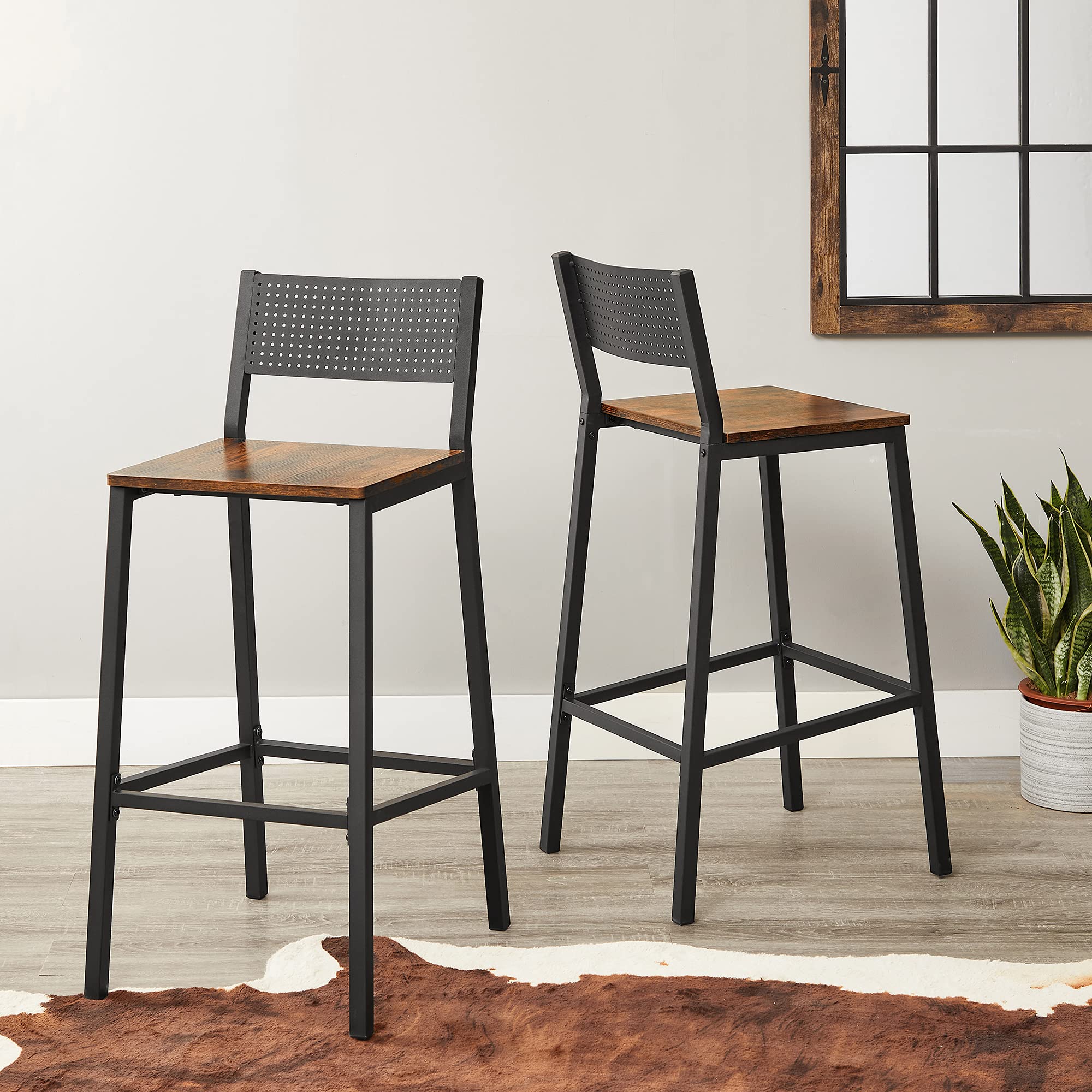 Rustic Brown Bar Stool with Backrest