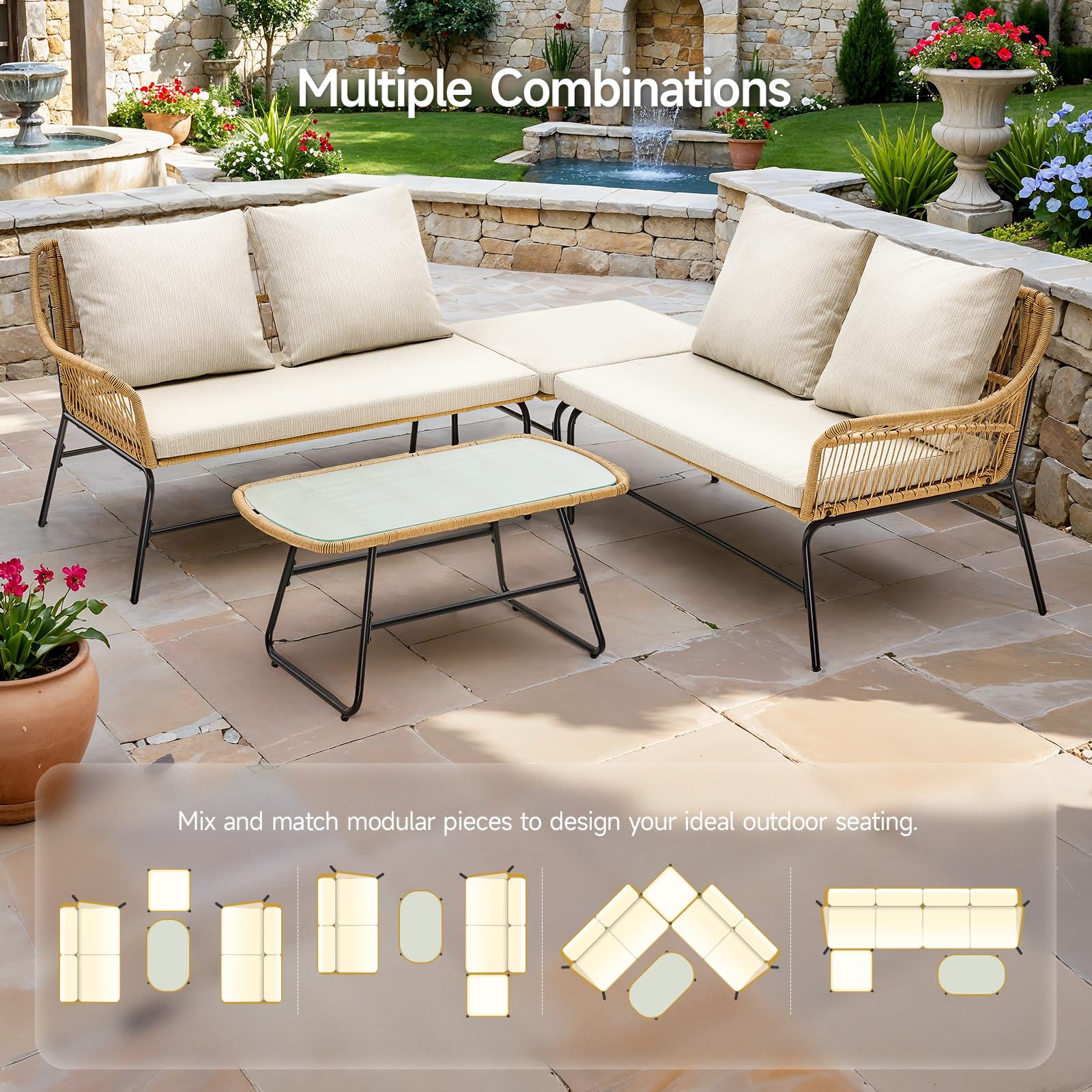 4-Piece Outdoor Sectional Set with Tempered Glass Coffee Table