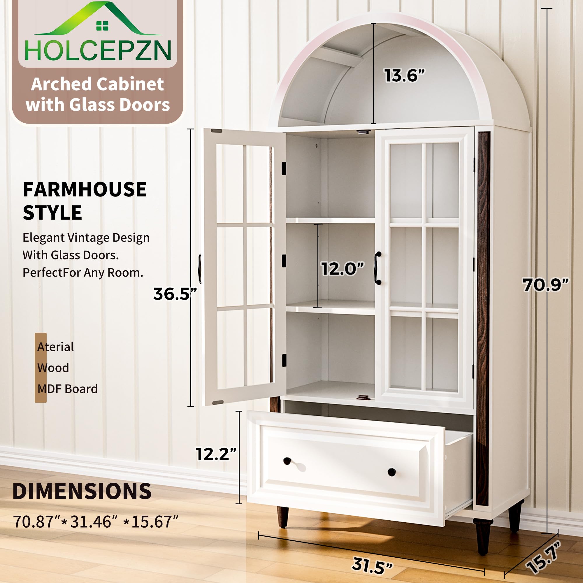 HOLCEPZN 71” Handcrafted Arched Bookcase, Filing Cabinet for Home Office, Wooden Display Cabinet with Glass Doors and Adjustable Shelves for Living Room, Dining Area, and Office, White