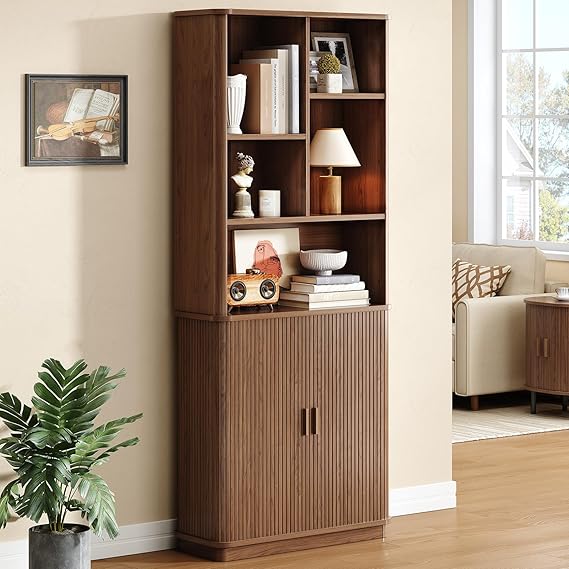 71" Tall Curved Bookshelf with Sliding Door Storage Cabinet