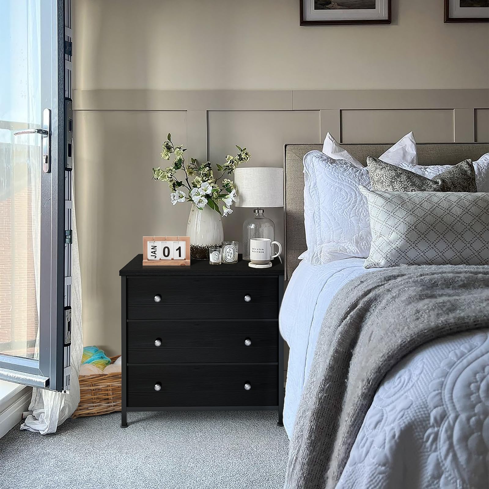 Black Nightstand with Fabric Drawers - 3 Drawer Dresser