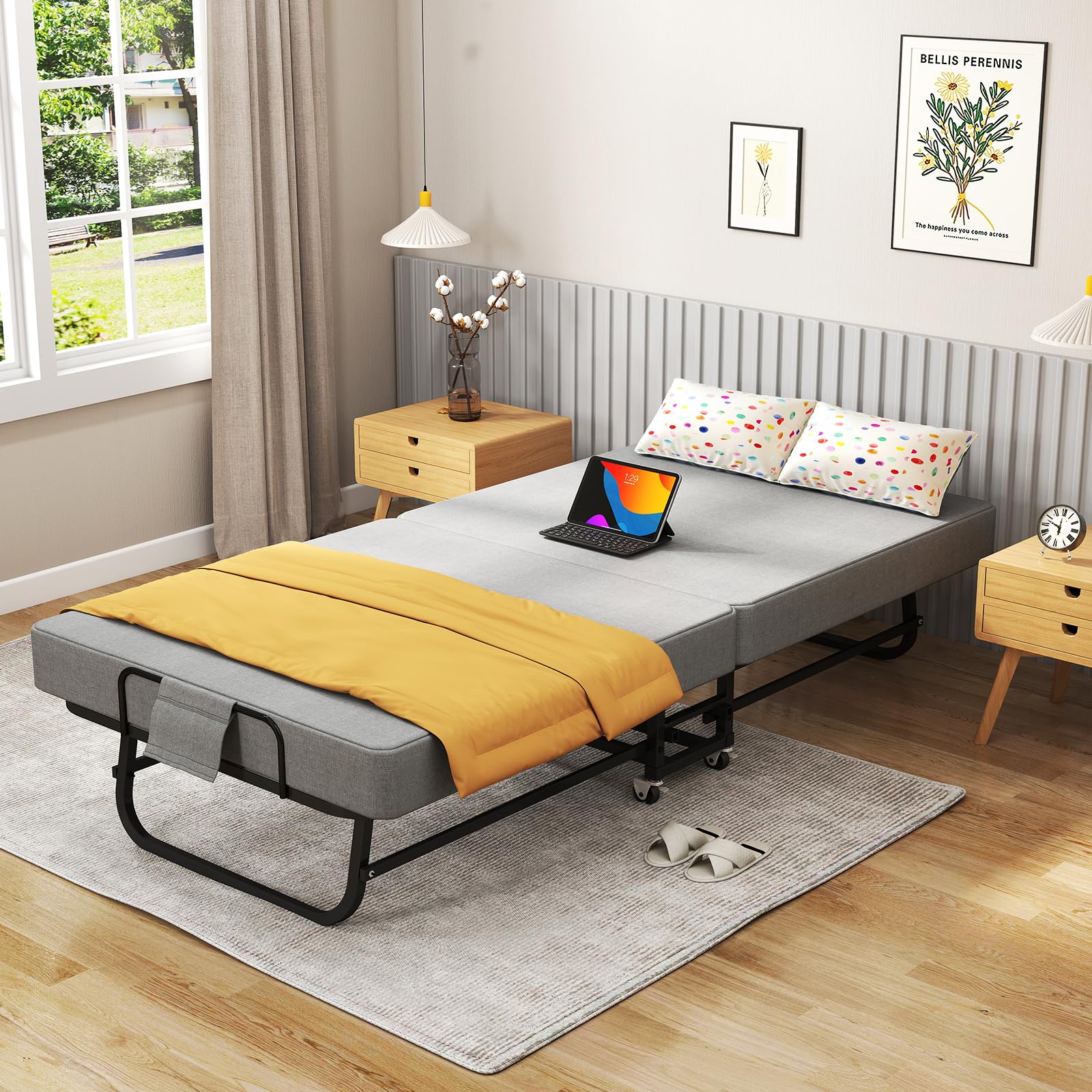 Folding Bed with Memory Foam Mattress and Wheels