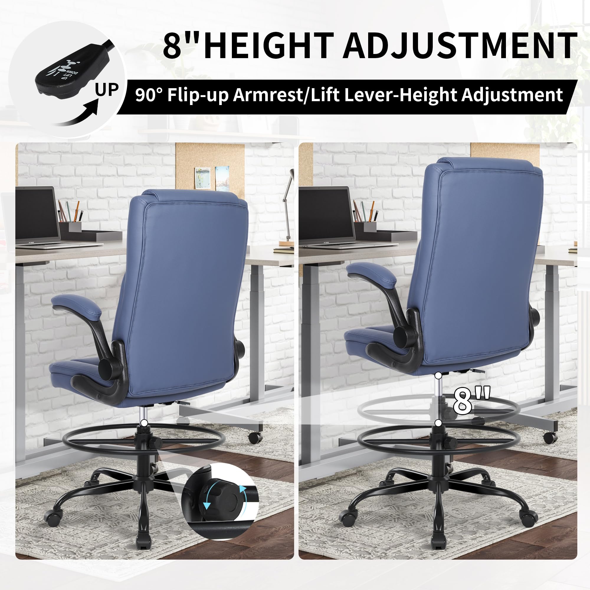 Leather Drafting Chair with Adjustable Height and Flip-Up Armrest