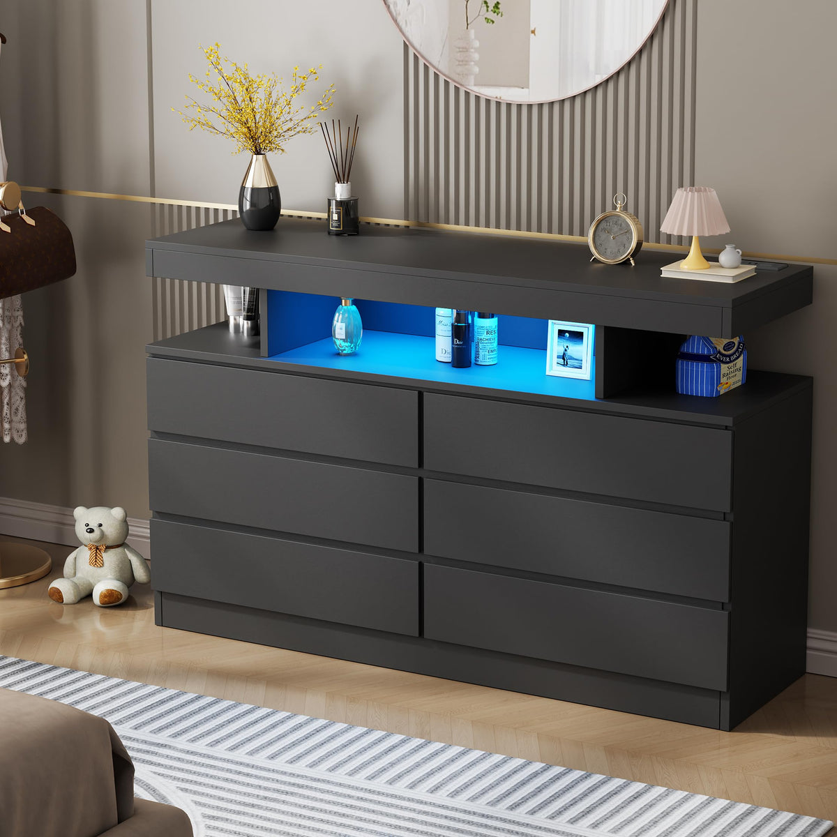 6 Drawer Dresser with Charging Station and LED Lights