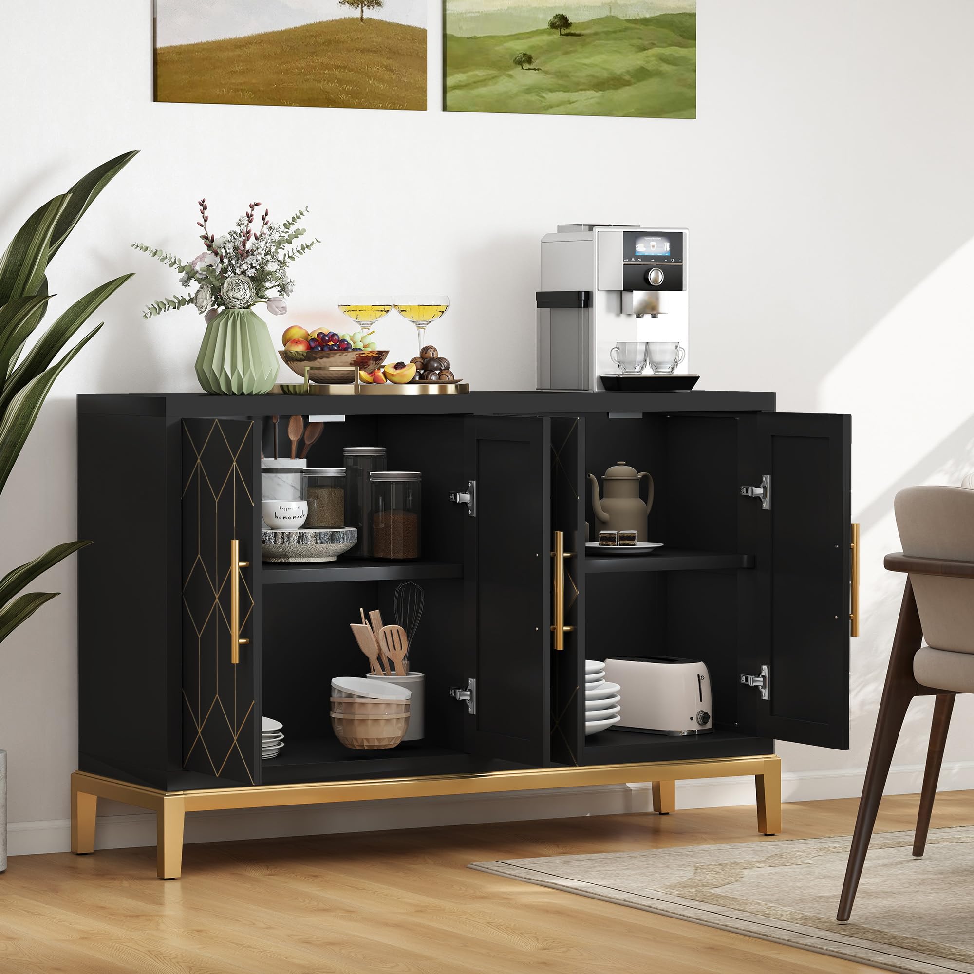 4-Door Storage Accent Cabinet with Gold Lines