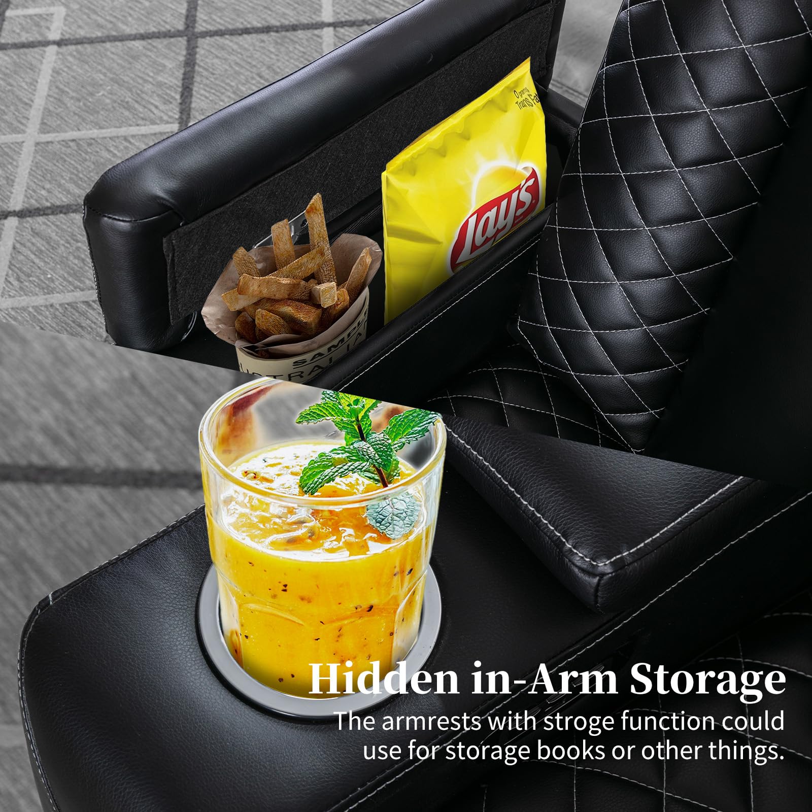 IOMOR Home Theater Seating with USB Ports and Cup Holders, Overstuffed Faux Leather Electric Power Recliner Chair with Hidden Arm Storage, Ambient Lighting (1, Black+Lighting)