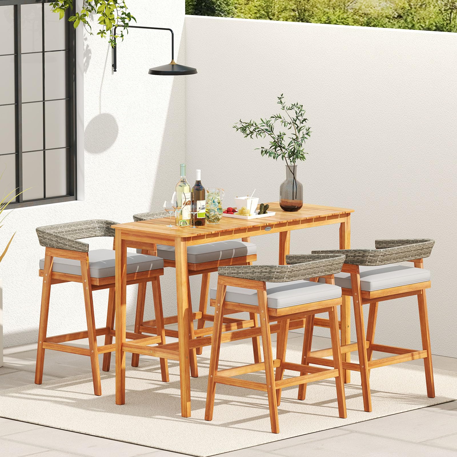 3 Piece Outdoor Bar Set with Acacia Wood Table and Cushioned Barstools