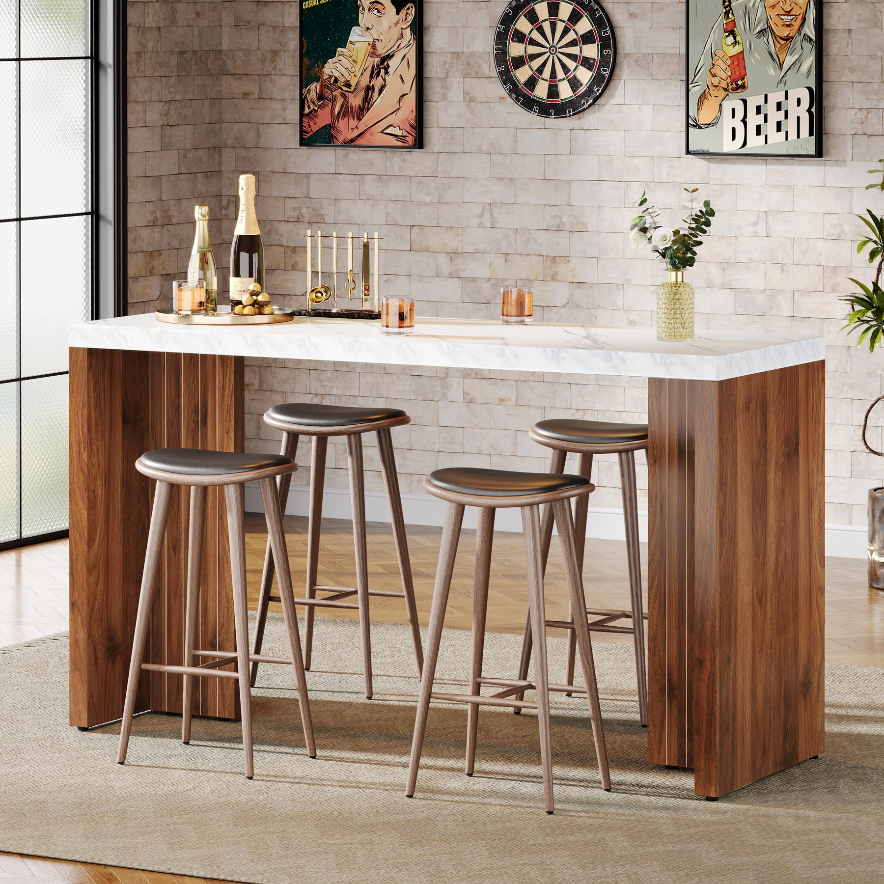 Modern Counter Height Bar Table with Faux Marble Top
