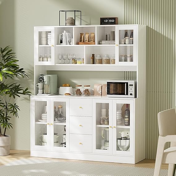 Kitchen Hutch Cabinet with Glass Doors