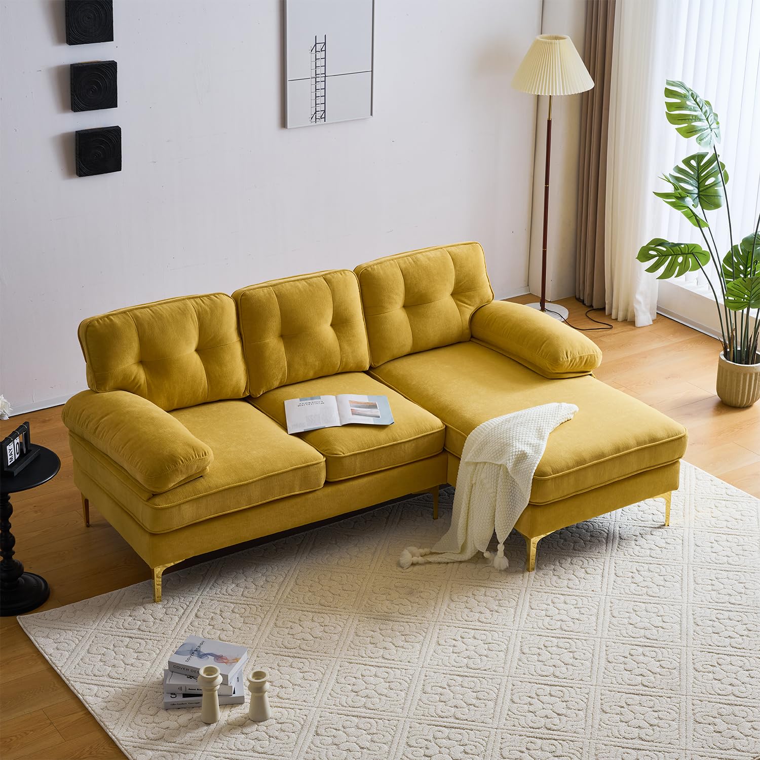 83" Velvet Sectional Sofa with Tufted Upholstery