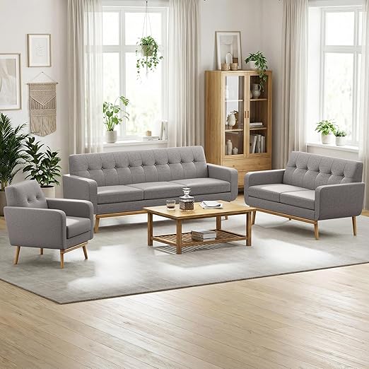 Button Tufted Living Room Set - 3 Piece Upholstered Sofa Collection