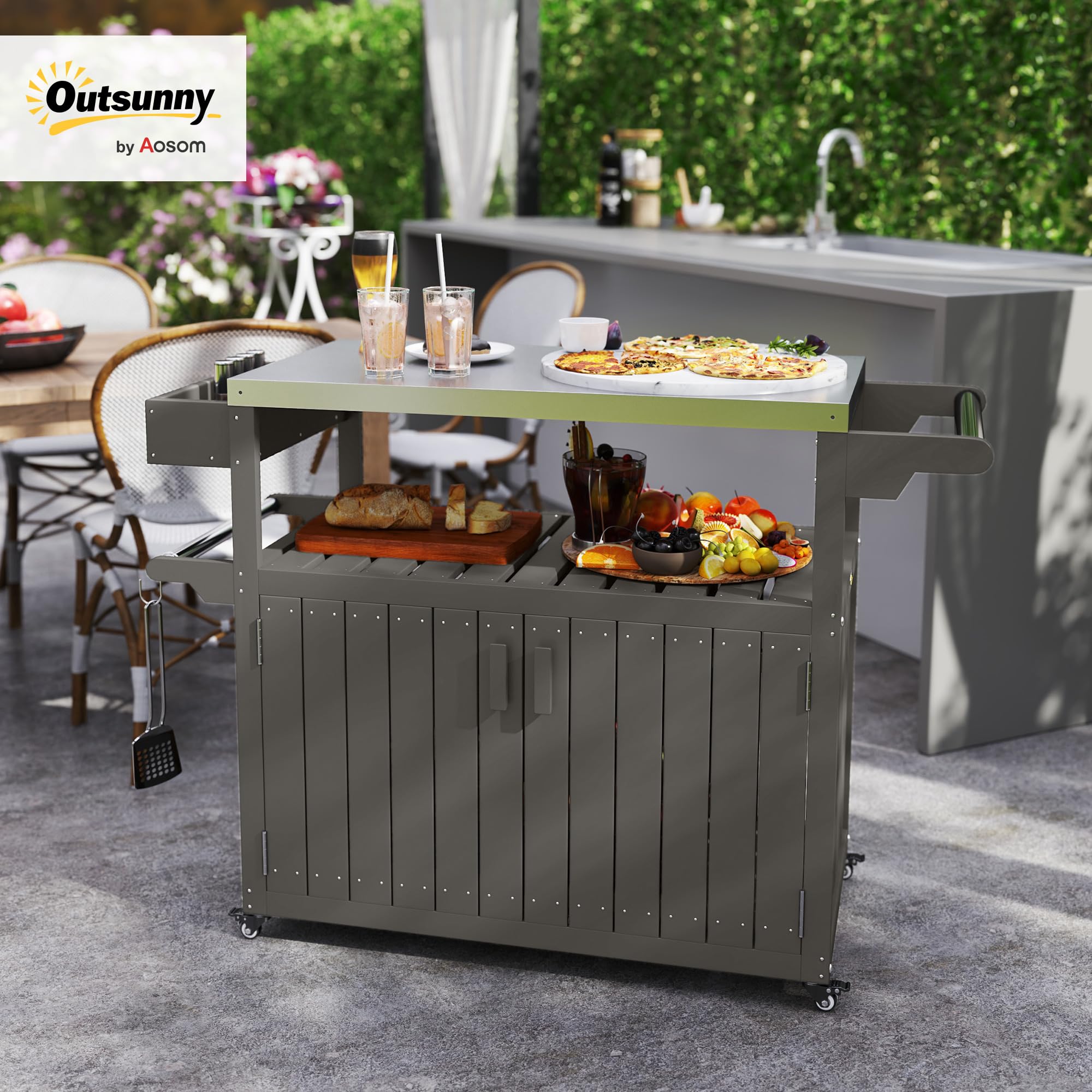 Outdoor Bar Cart with Storage Cabinet and Stainless Steel Top