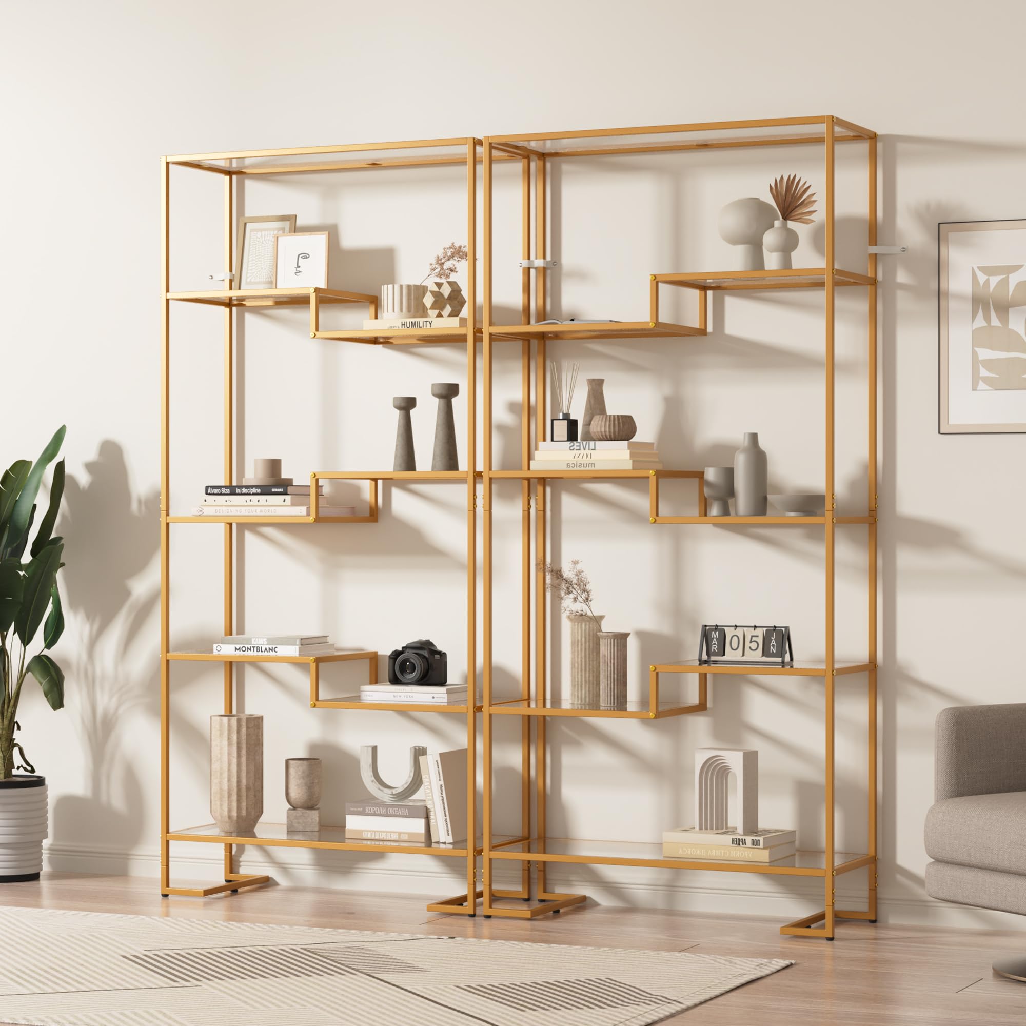 5-Tier Tempered Glass Bookshelf Golden Modern Display Shelf